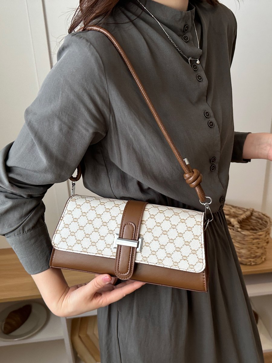 Beige Monogram Shoulder Bag with Brown Trim