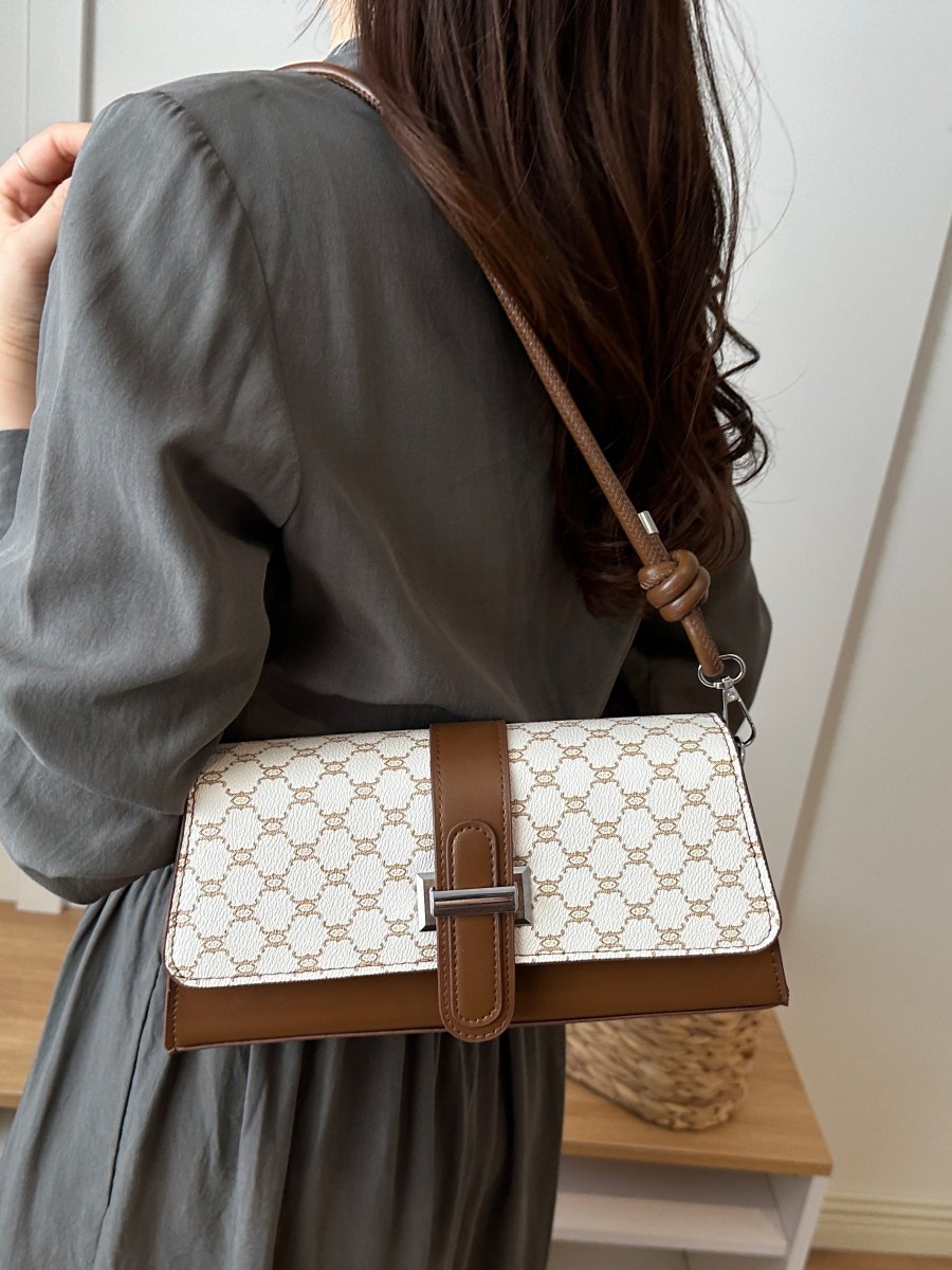 Beige Monogram Shoulder Bag with Brown Trim