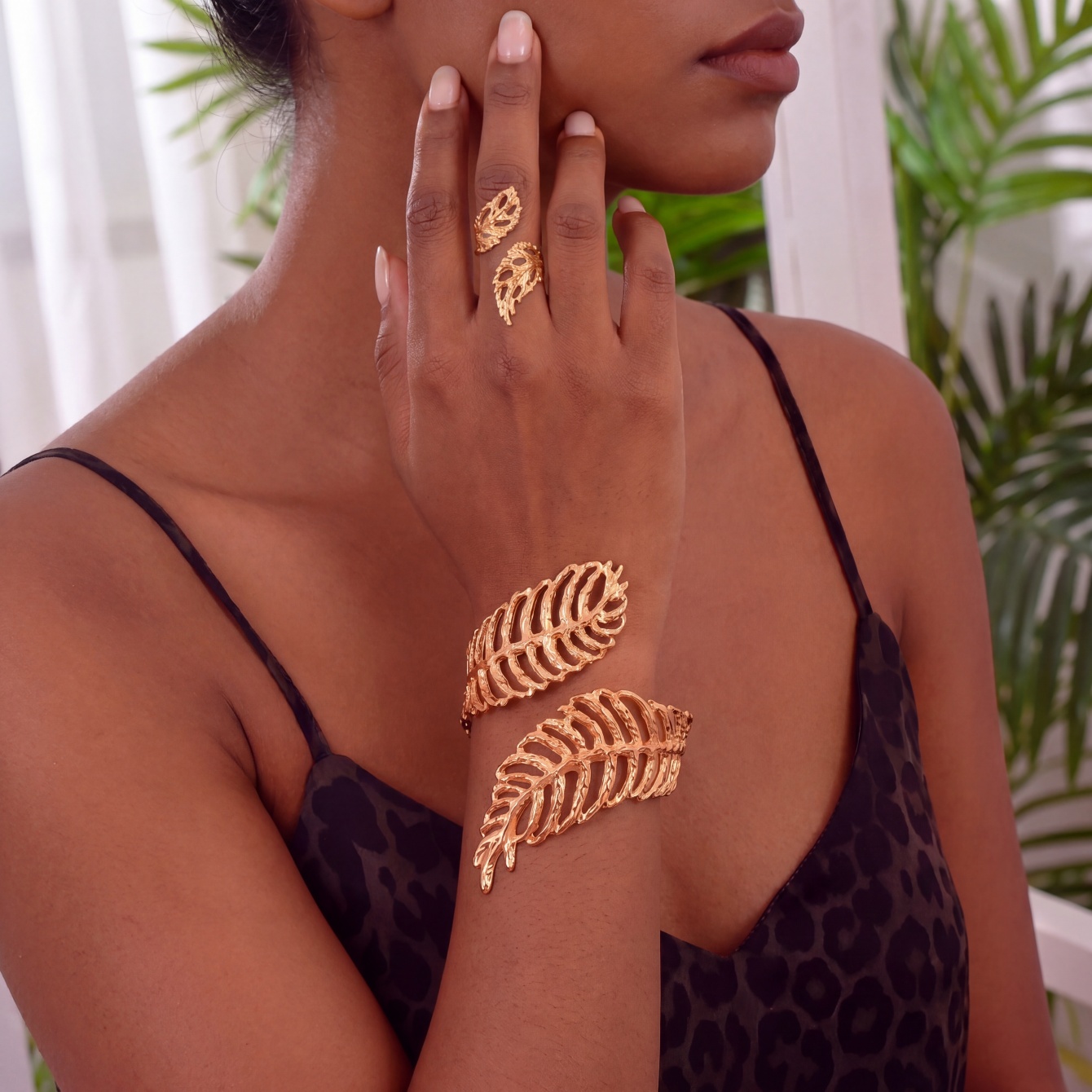 Gold Leaf Wraparound Bracelets - Set of 2