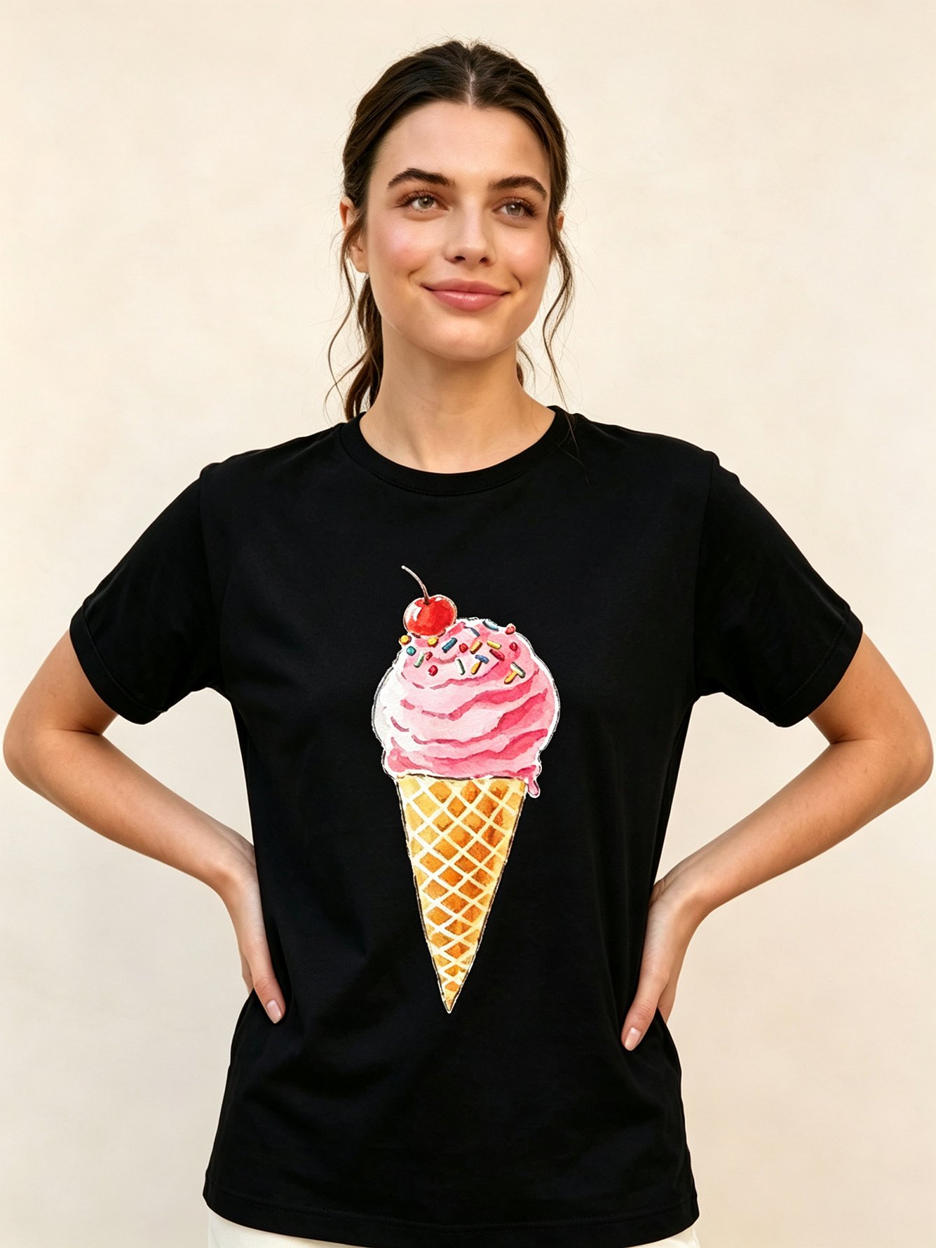 Black Ice Cream Print Cotton T-Shirt