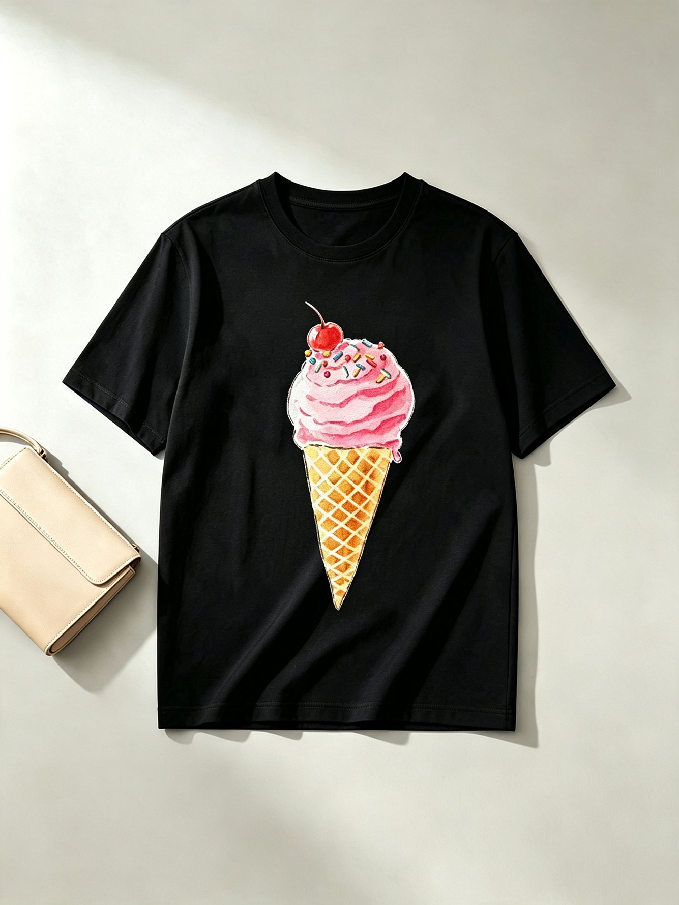 Black Ice Cream Print Cotton T-Shirt