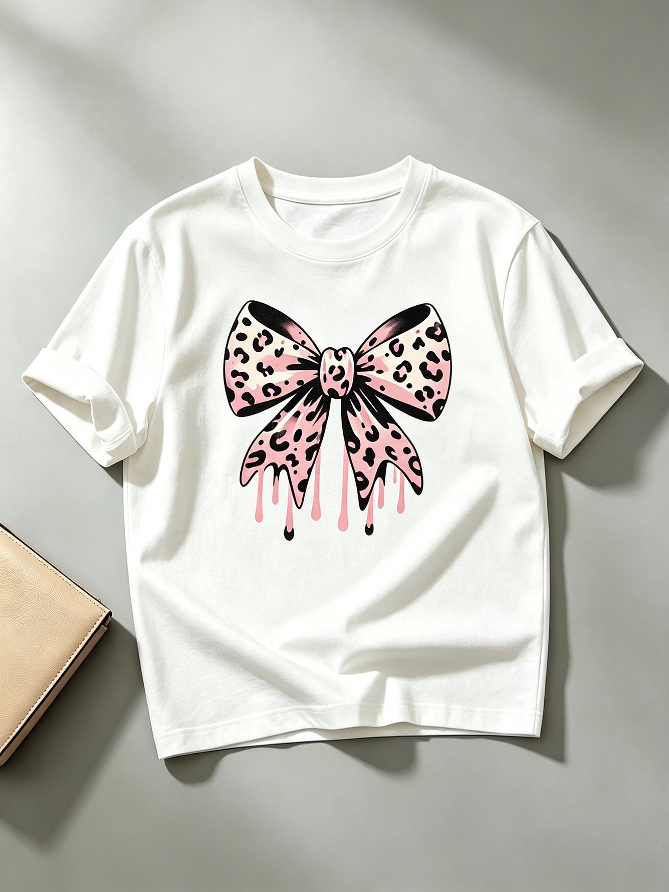 White Knitted T-Shirt with Leopard Print Bow