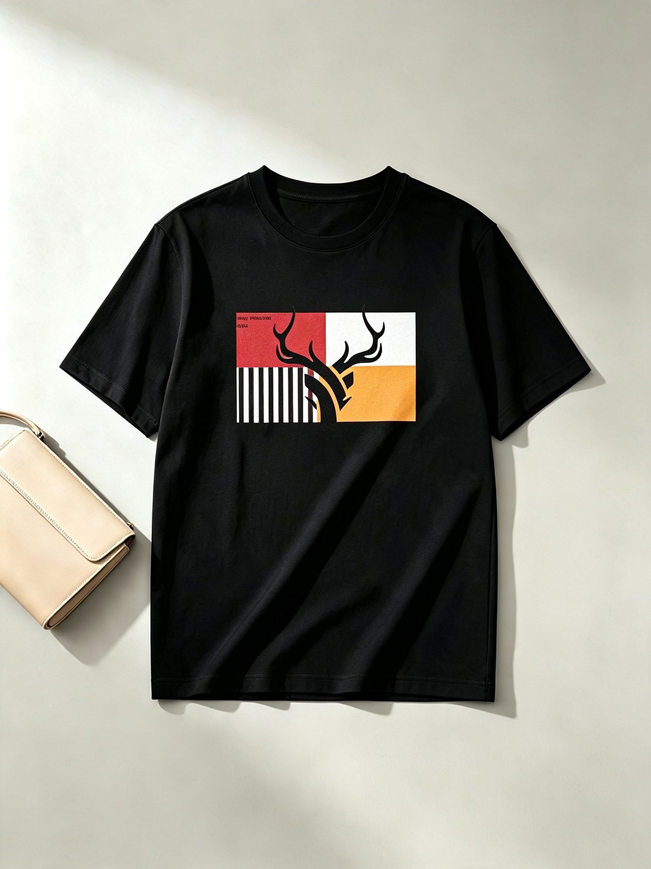 Black Cotton Graphic T-Shirt with Deer Antler Print