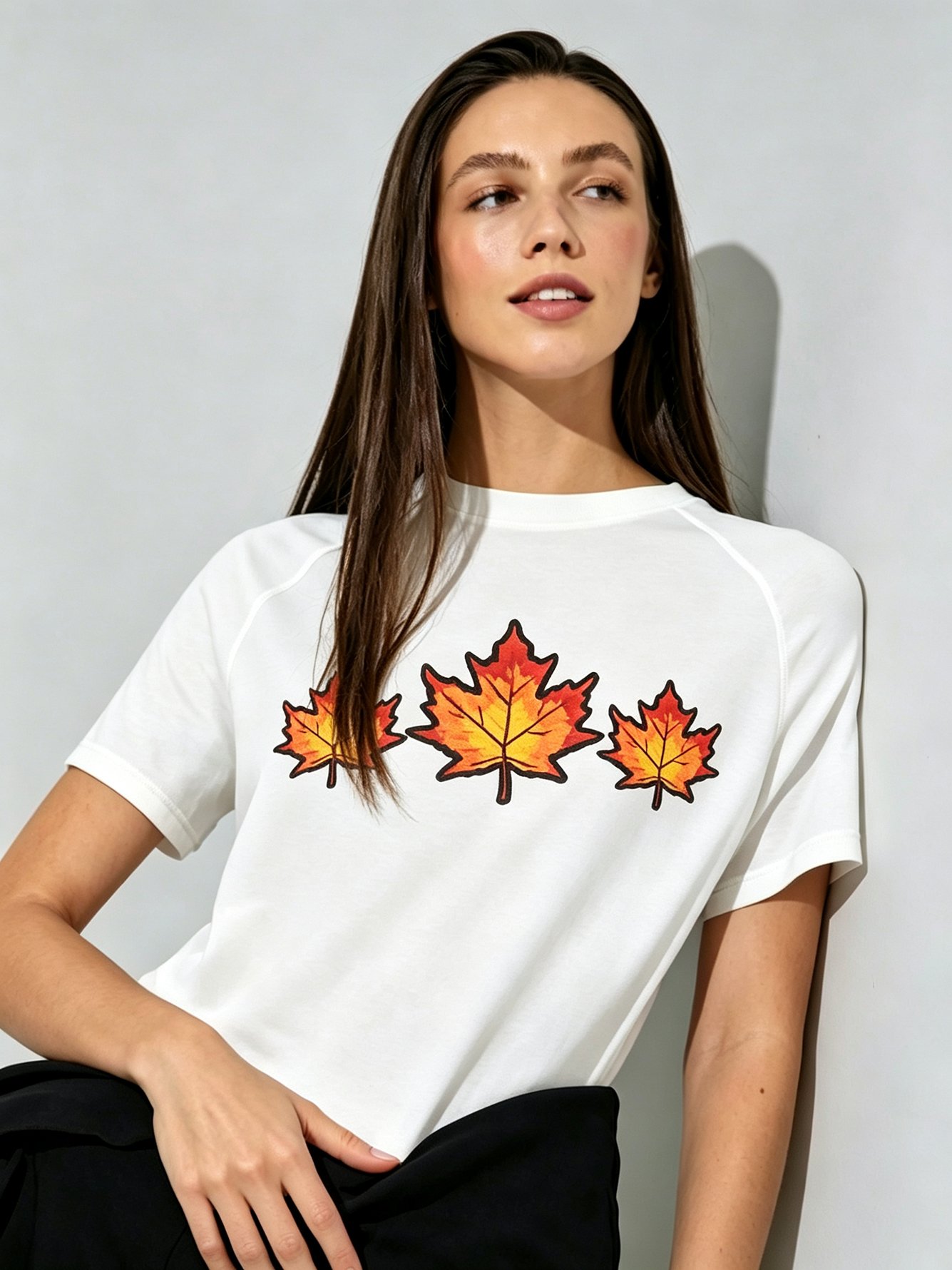White Maple Leaf Print Cotton T-Shirt