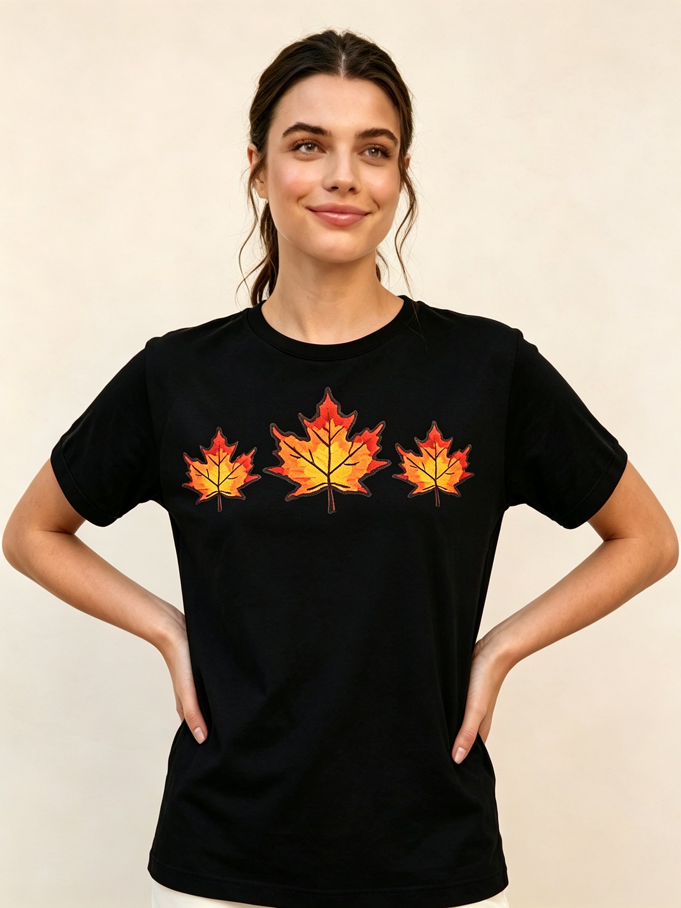 Black Cotton T-Shirt with Autumn Maple Leaves Print