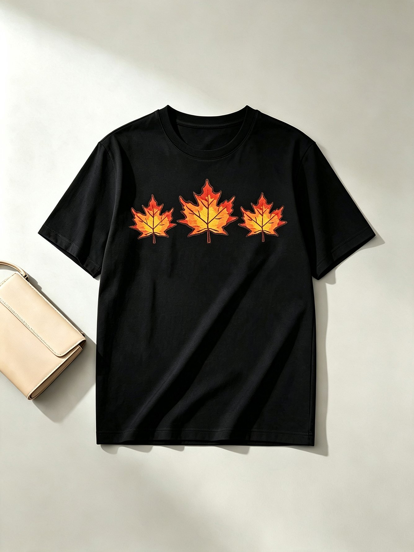 Black Cotton T-Shirt with Autumn Maple Leaves Print