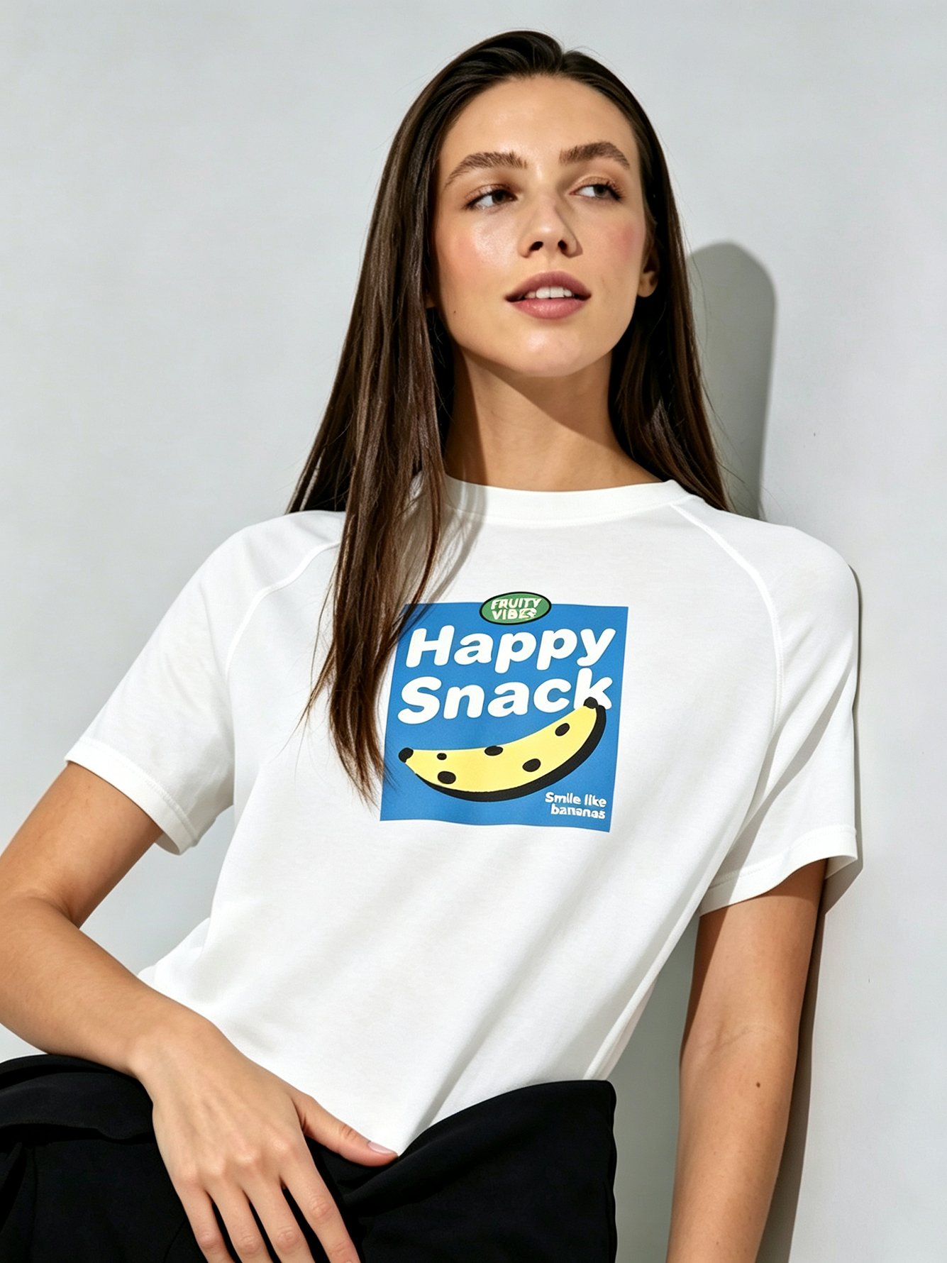 White Knitted T-Shirt with Happy Snack Banana Print