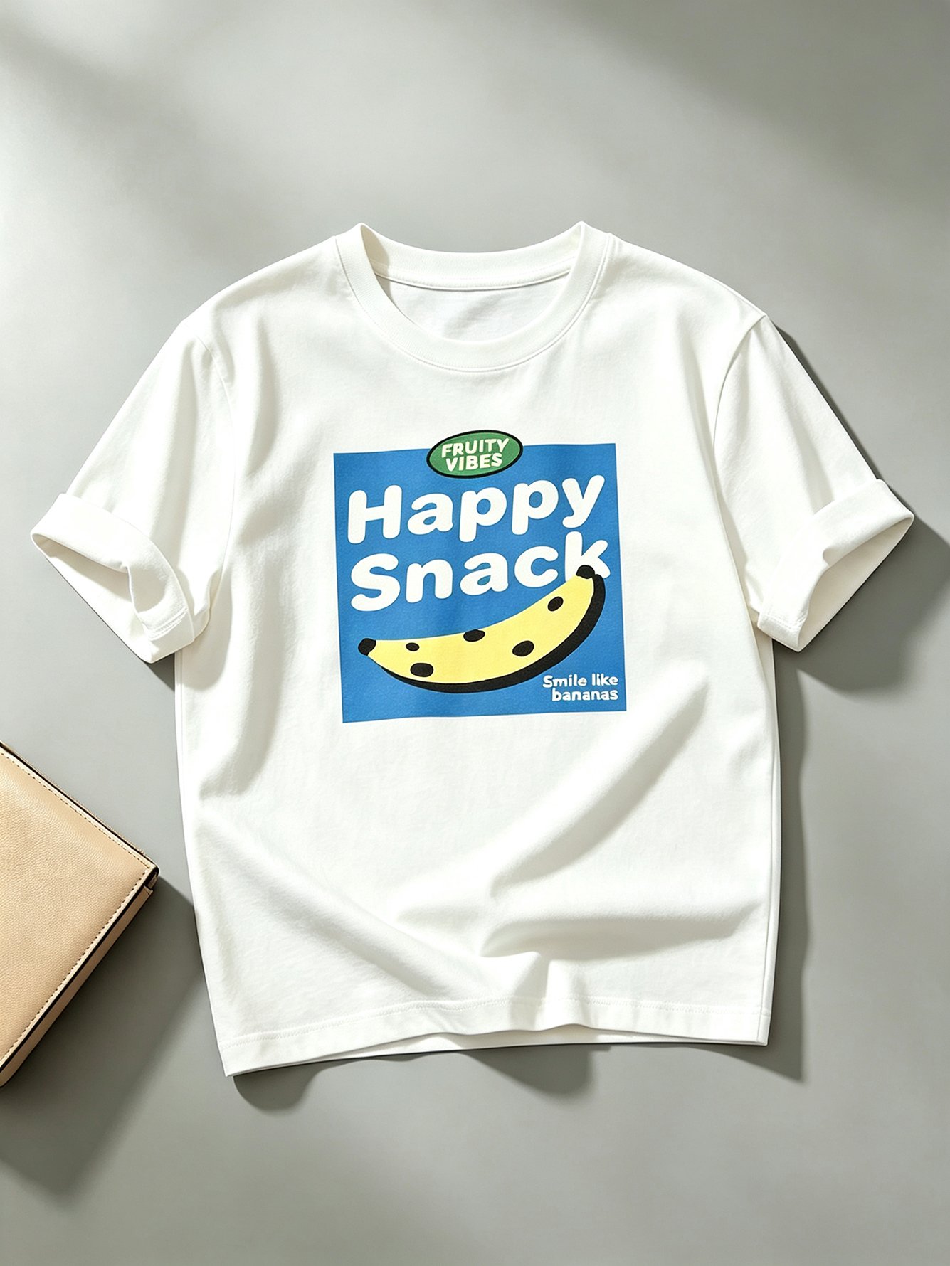 White Knitted T-Shirt with Happy Snack Banana Print