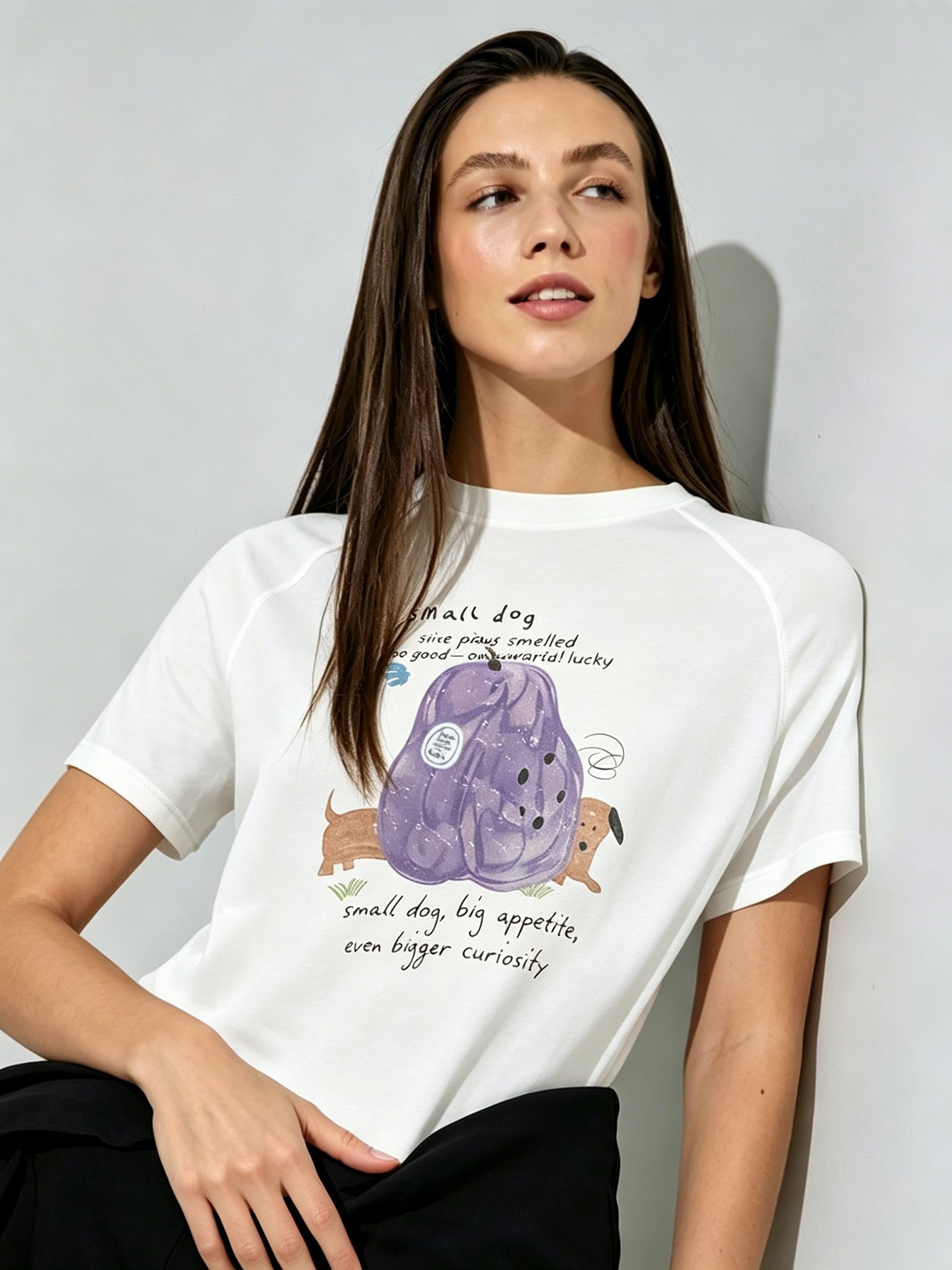White Knitted T-Shirt with Playful Dog Print