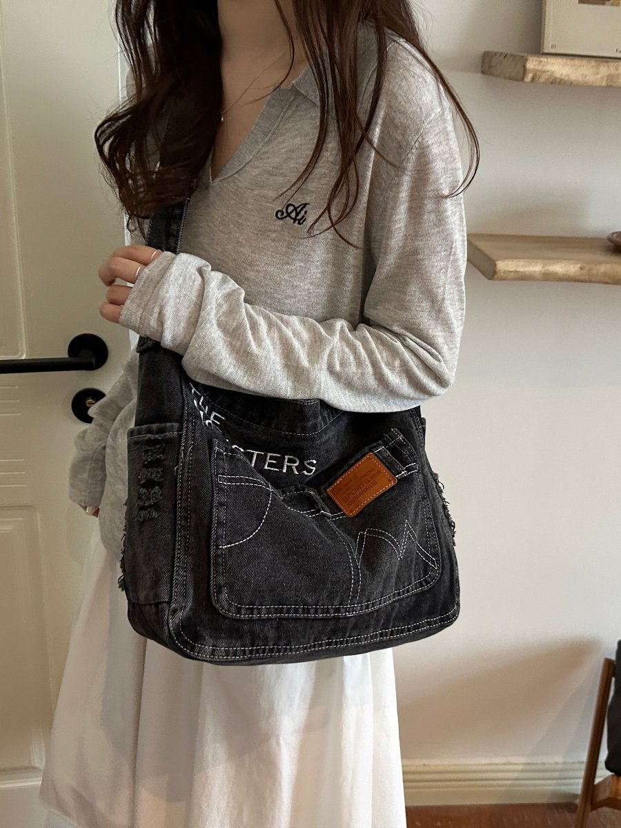 Charcoal Denim Crossbody Bag with Stitch Detail