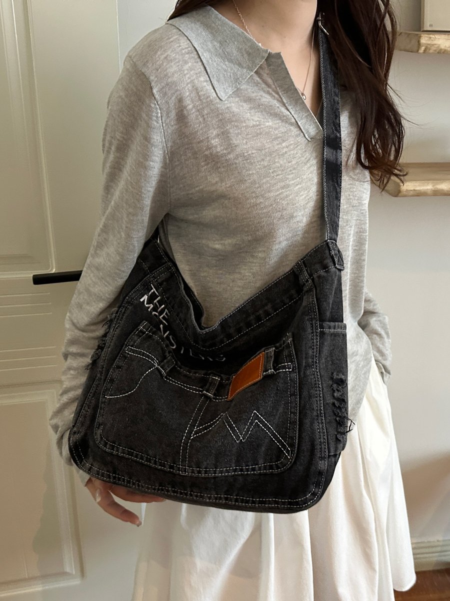 Charcoal Denim Crossbody Bag with Stitch Detail