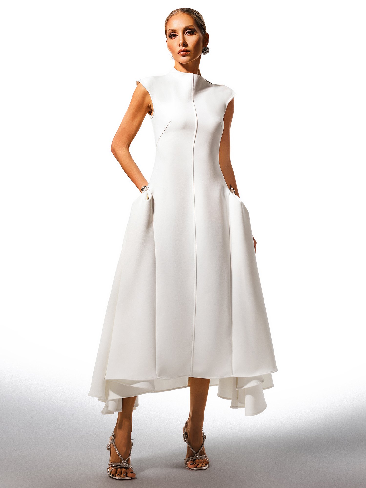 White Sleeveless A-Line Midi Dress