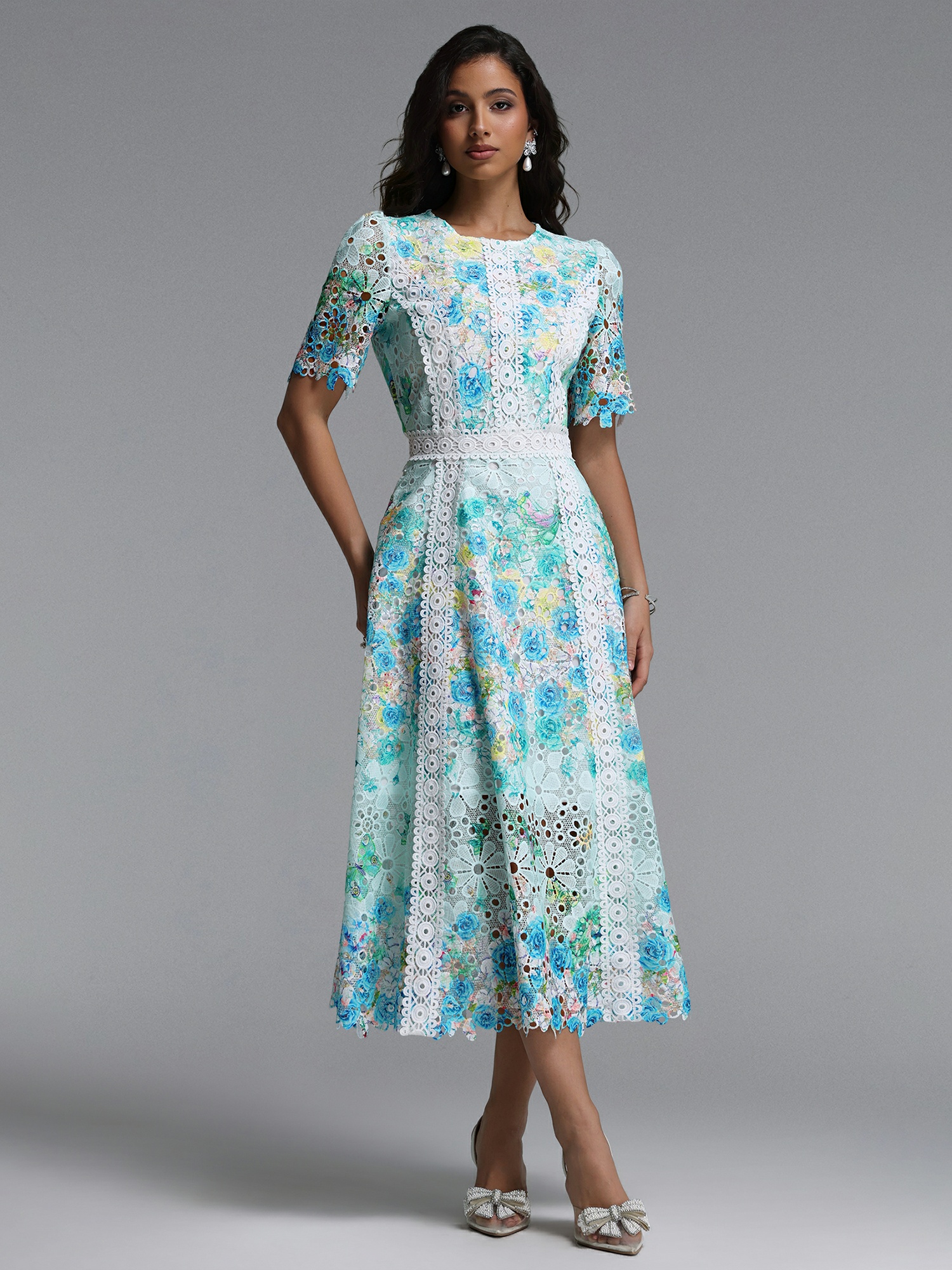Multi Floral Lace A-Line Midi Dress with Short Sleeves