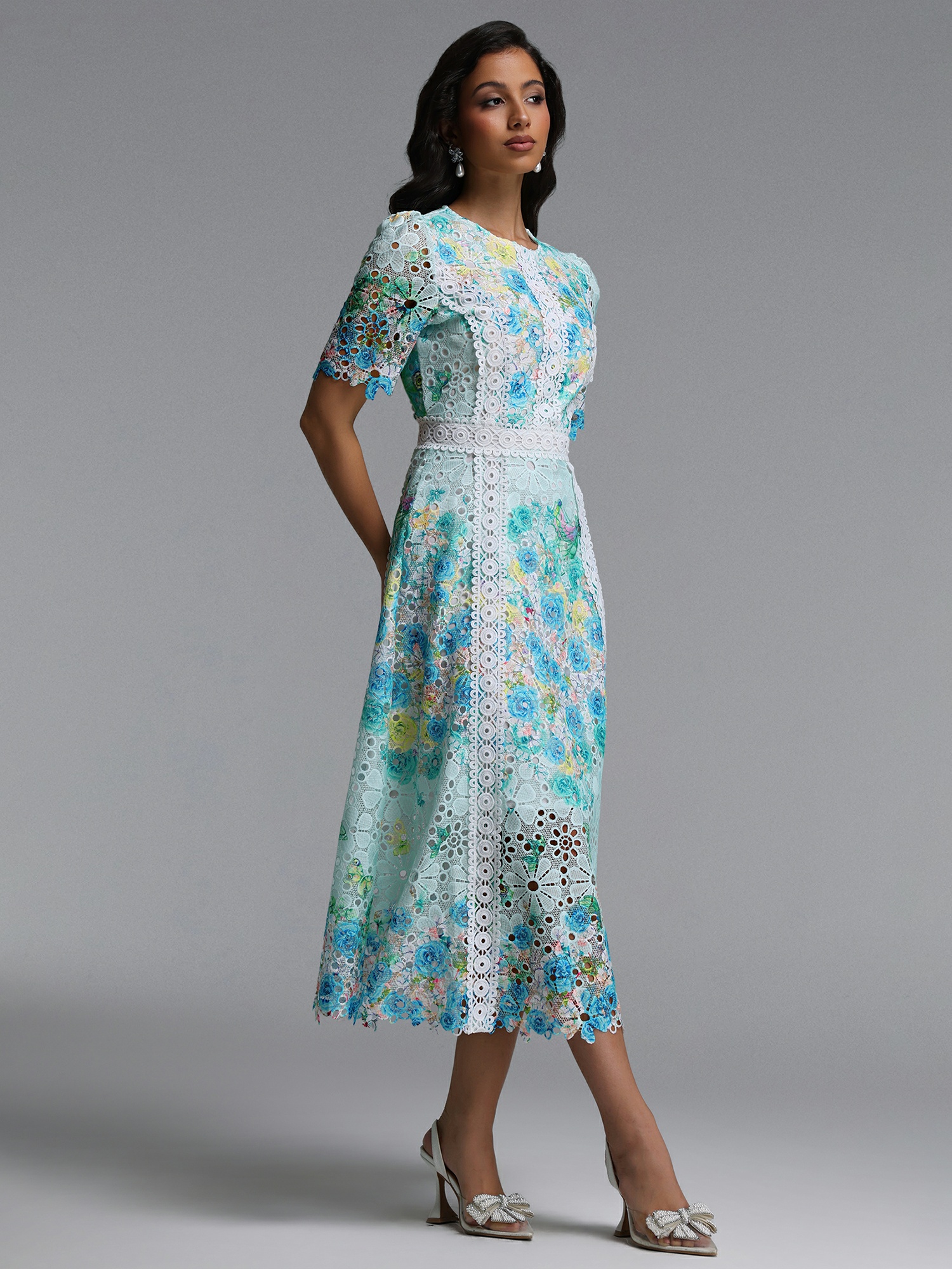 Multi Floral Lace A-Line Midi Dress with Short Sleeves