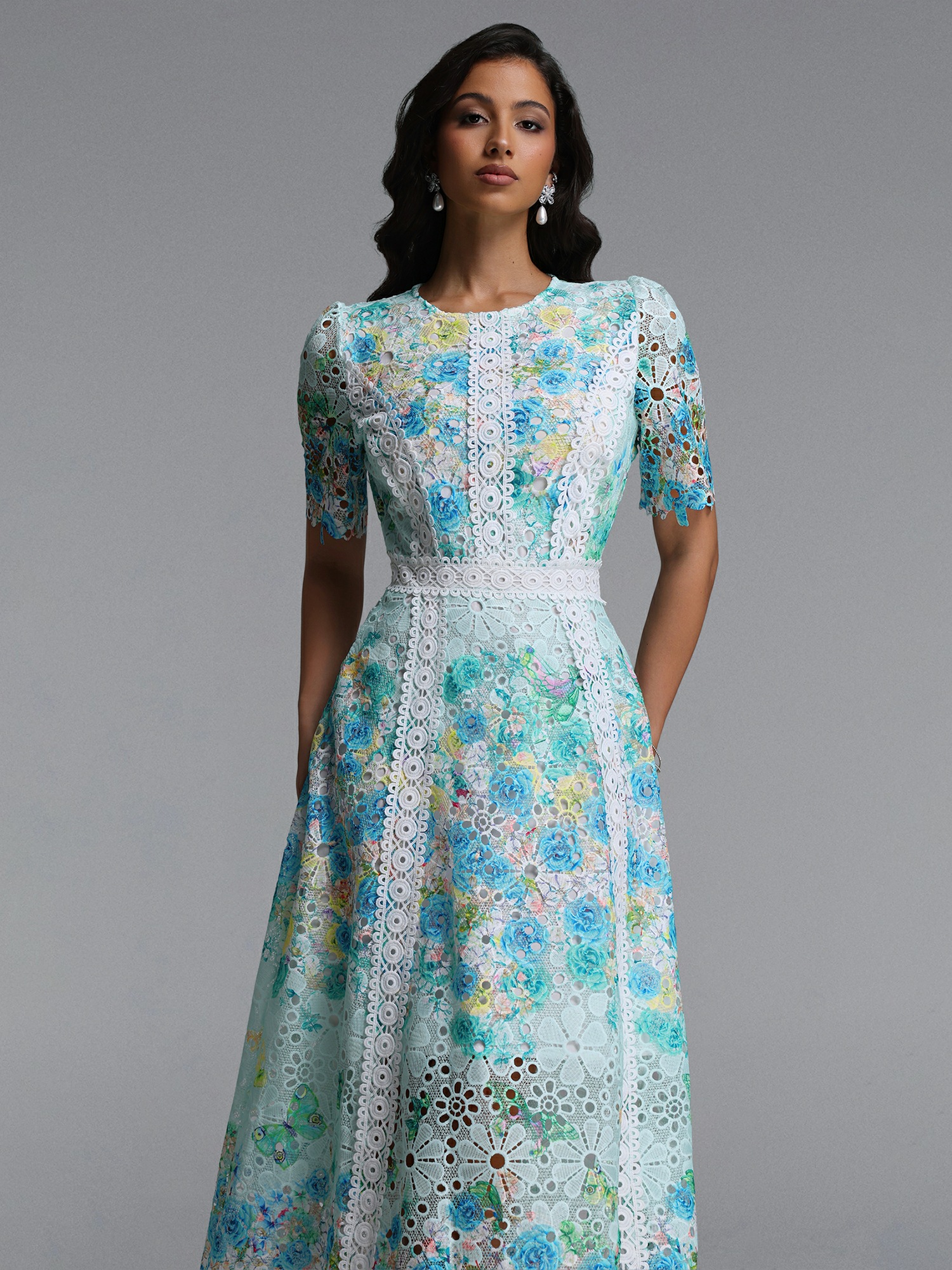 Multi Floral Lace A-Line Midi Dress with Short Sleeves