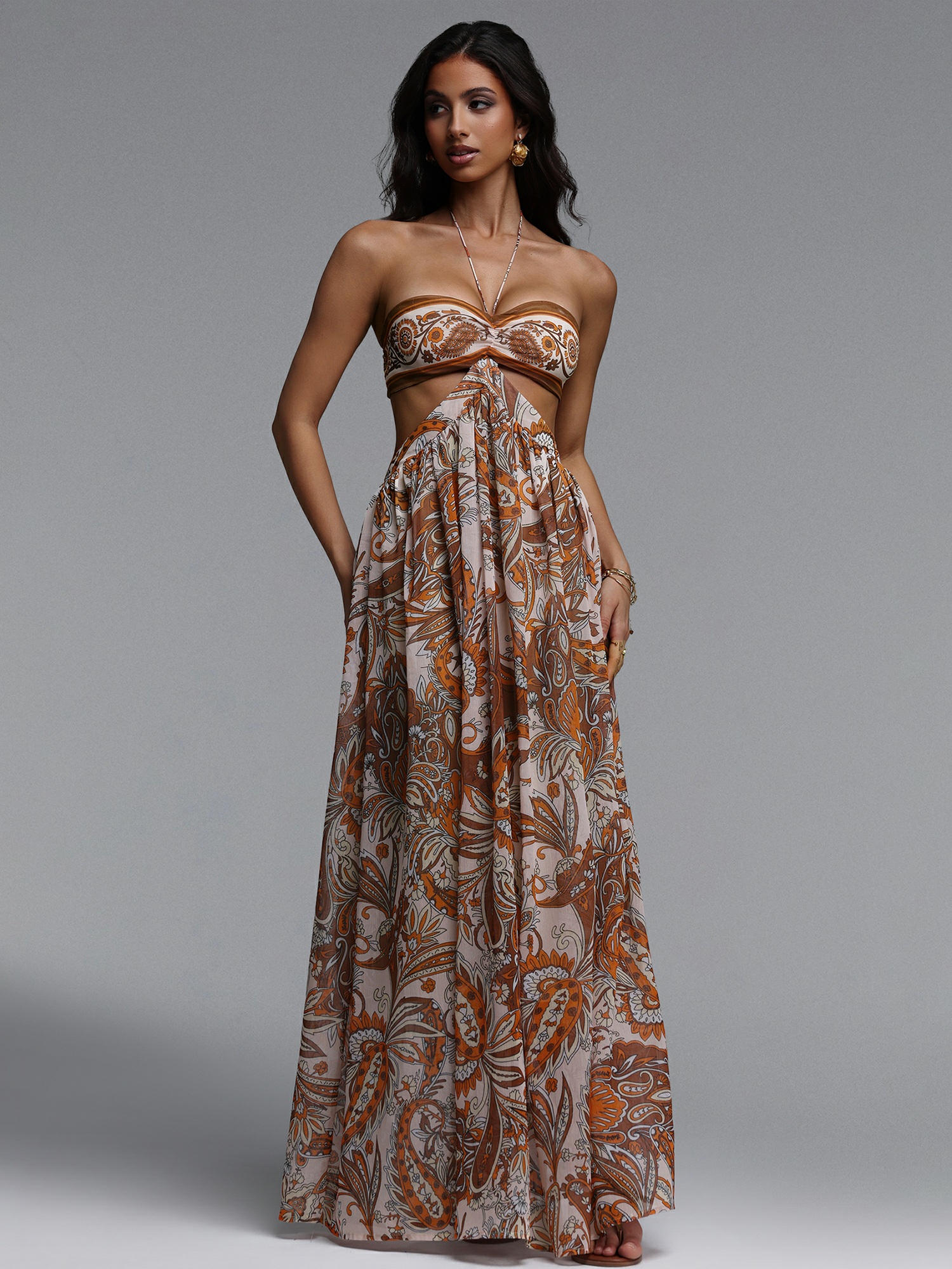 Paisley Print A-Line Maxi Dress with Cut-Out Detail