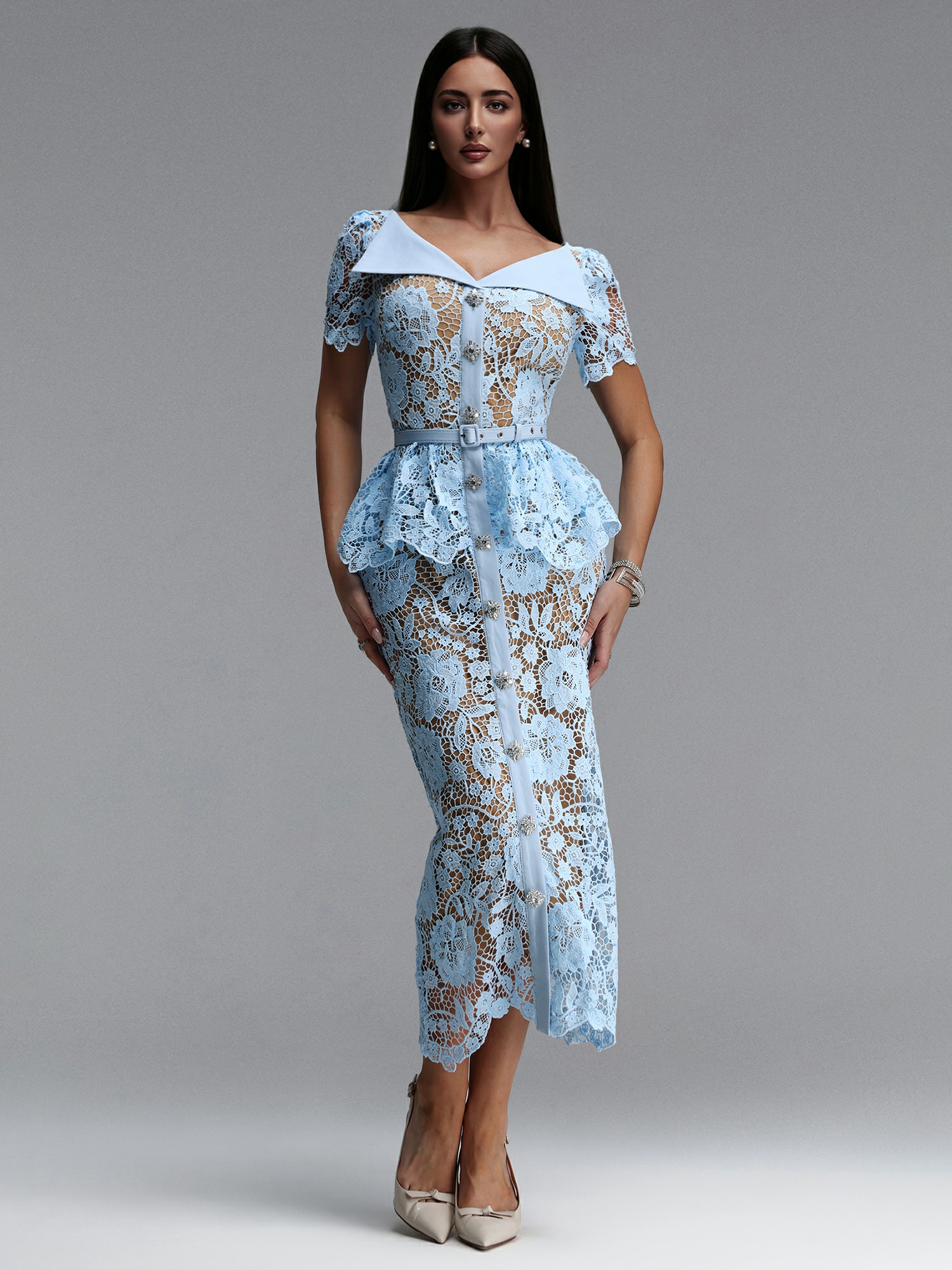 Blue Lace Midi Dress with Peplum Detail and Belt