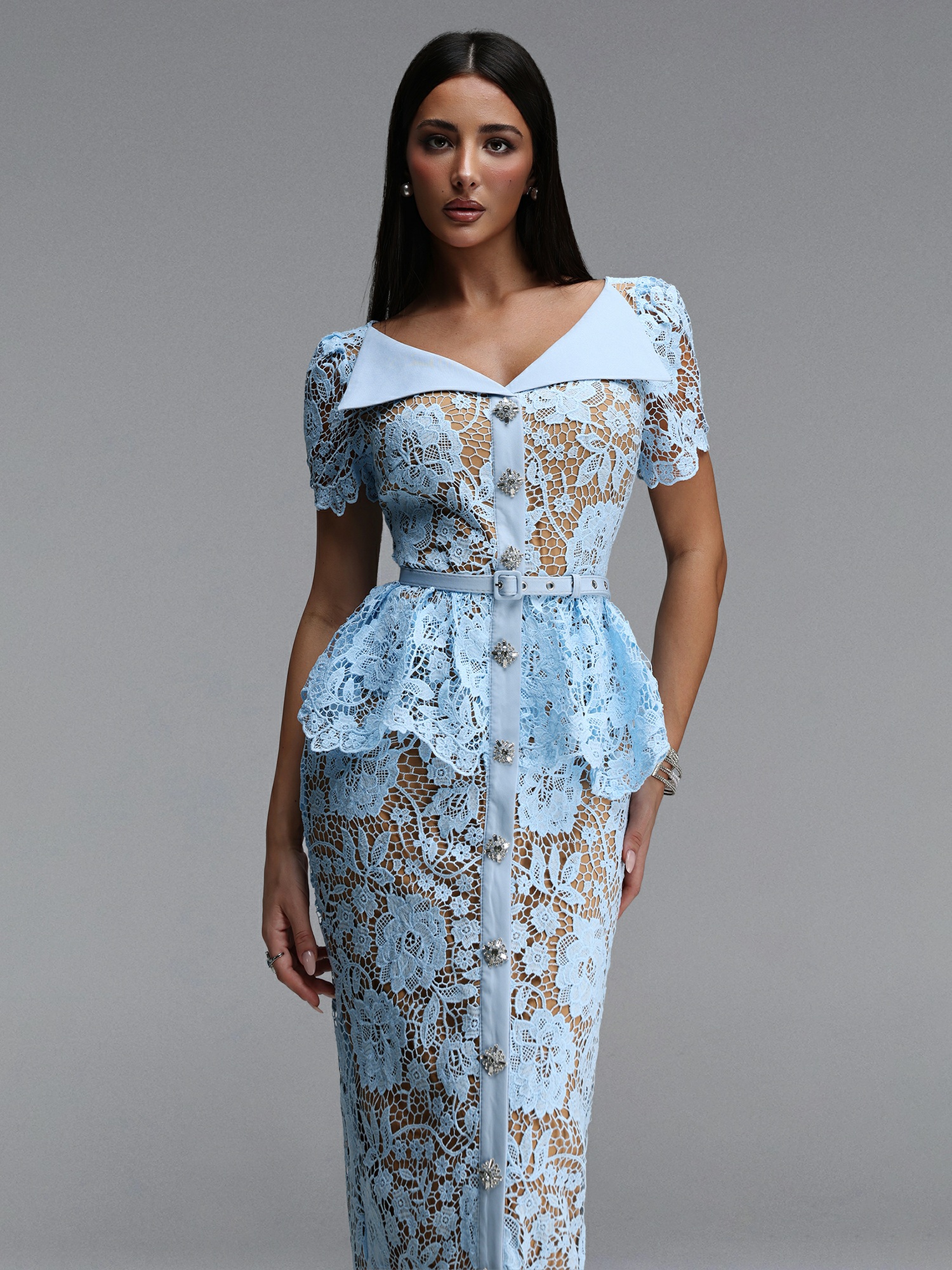 Blue Lace Midi Dress with Peplum Detail and Belt