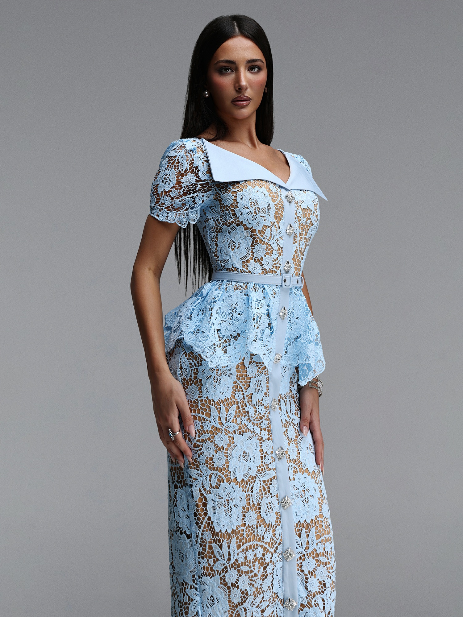 Blue Lace Midi Dress with Peplum Detail and Belt
