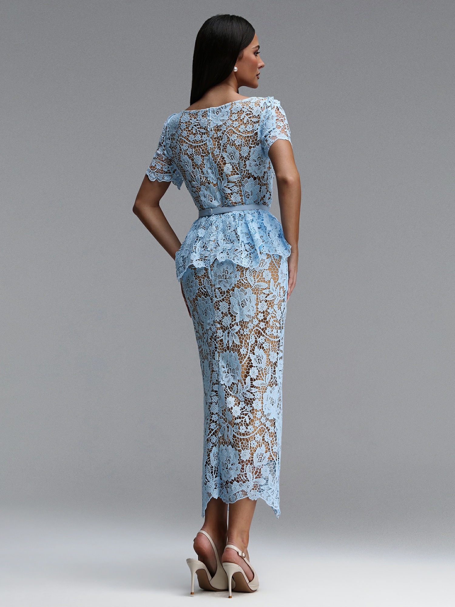 Blue Lace Midi Dress with Peplum Detail and Belt
