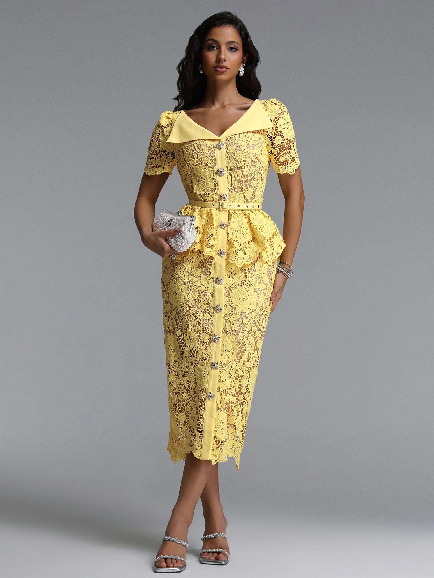 Yellow Lace Midi Dress with Peplum and Belt