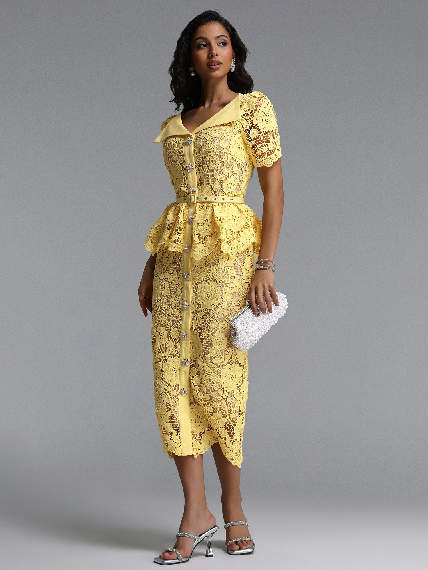 Yellow Lace Midi Dress with Peplum and Belt