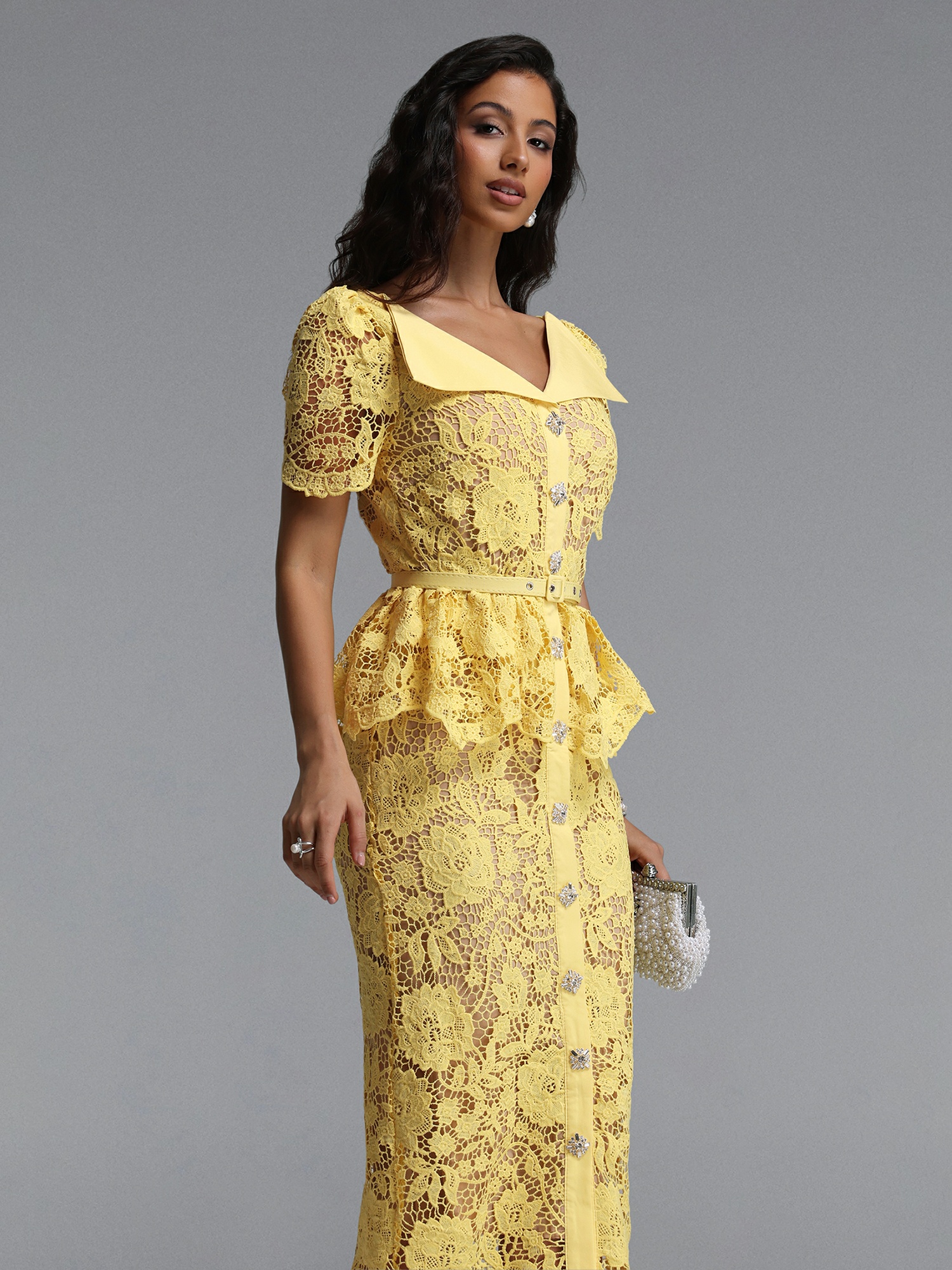 Yellow Lace Midi Dress with Peplum and Belt