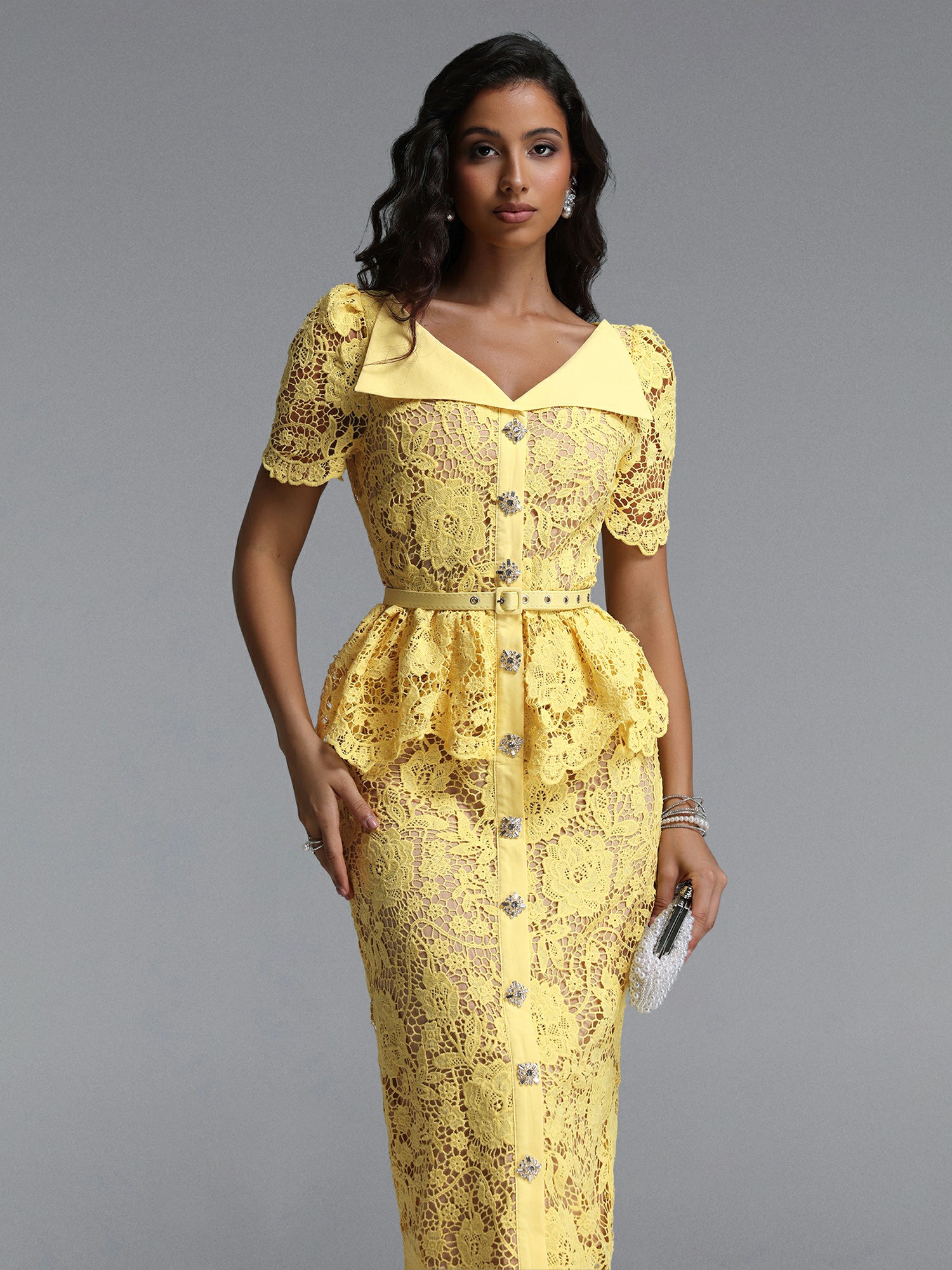 Yellow Lace Midi Dress with Peplum and Belt