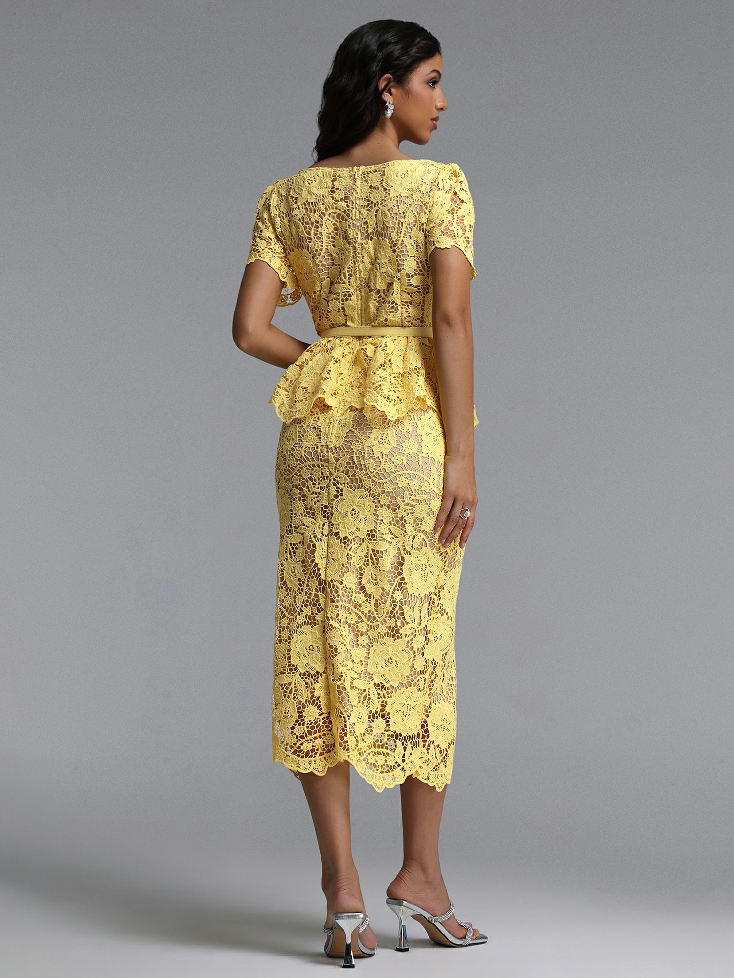 Yellow Lace Midi Dress with Peplum and Belt