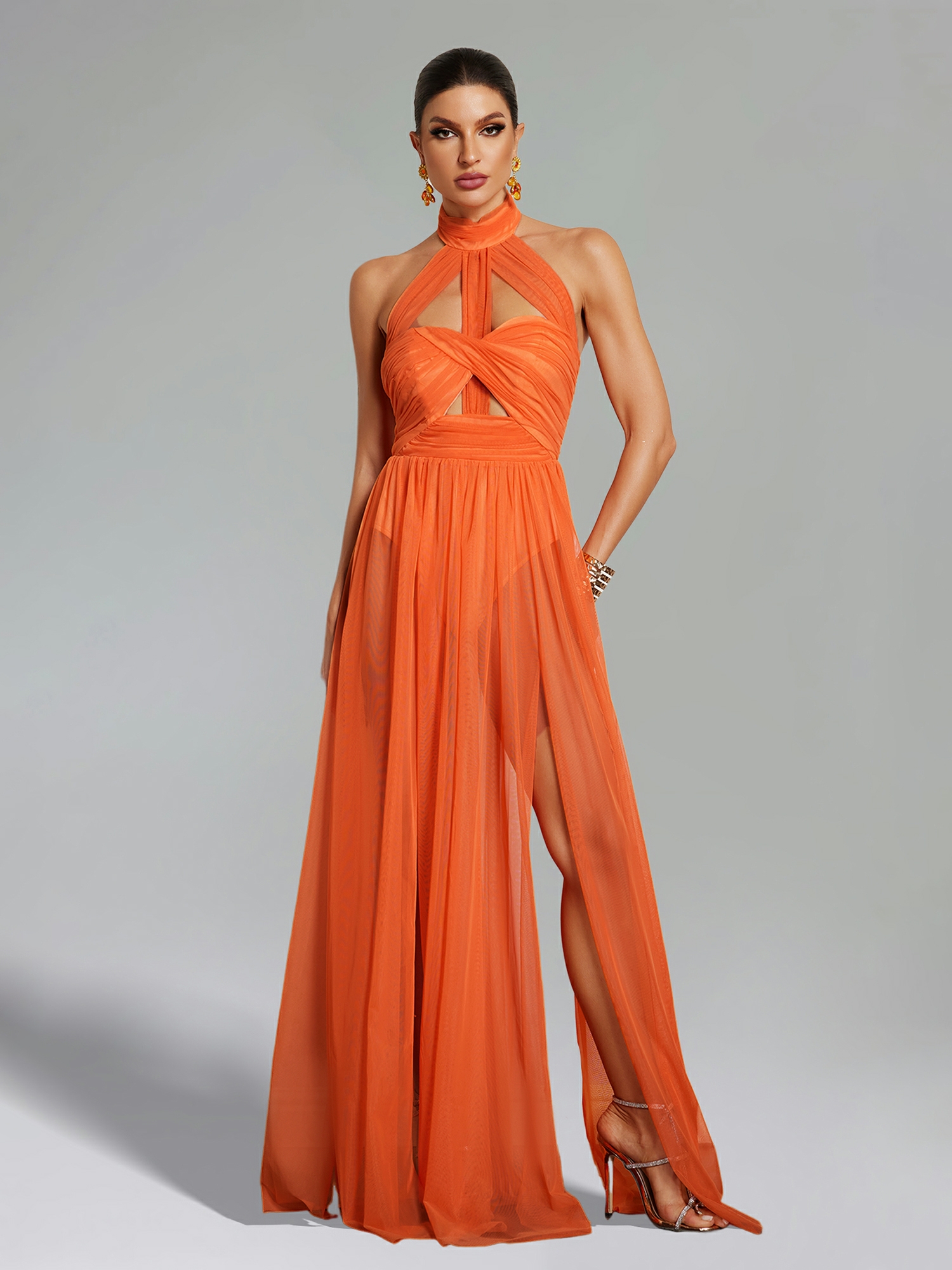 Orange Halter Neck A-Line Maxi Dress