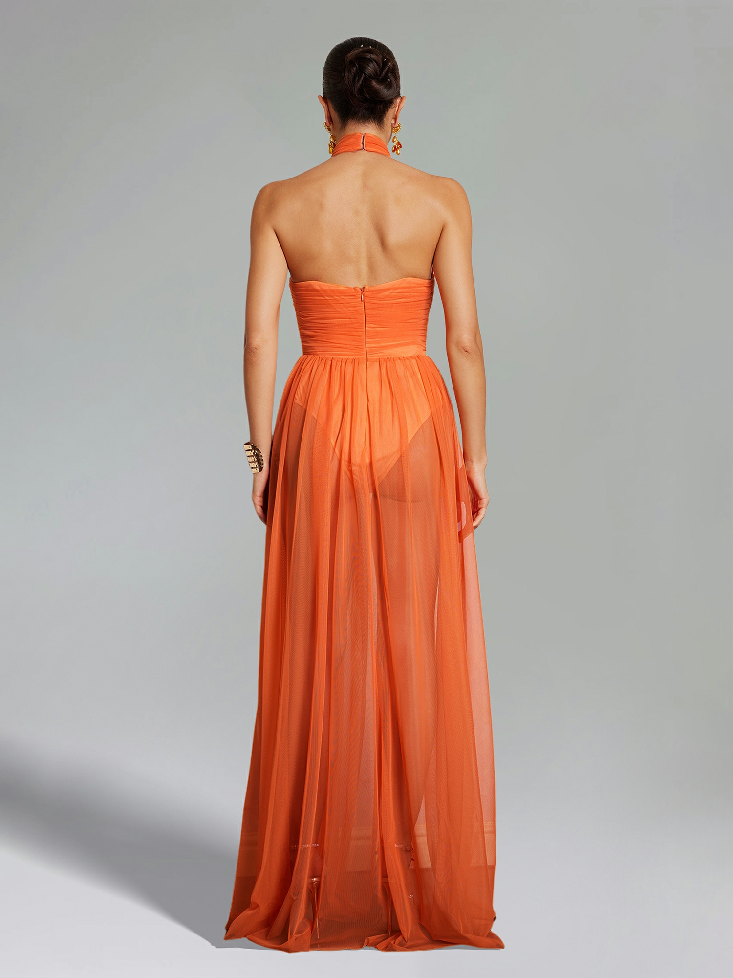 Orange Halter Neck A-Line Maxi Dress