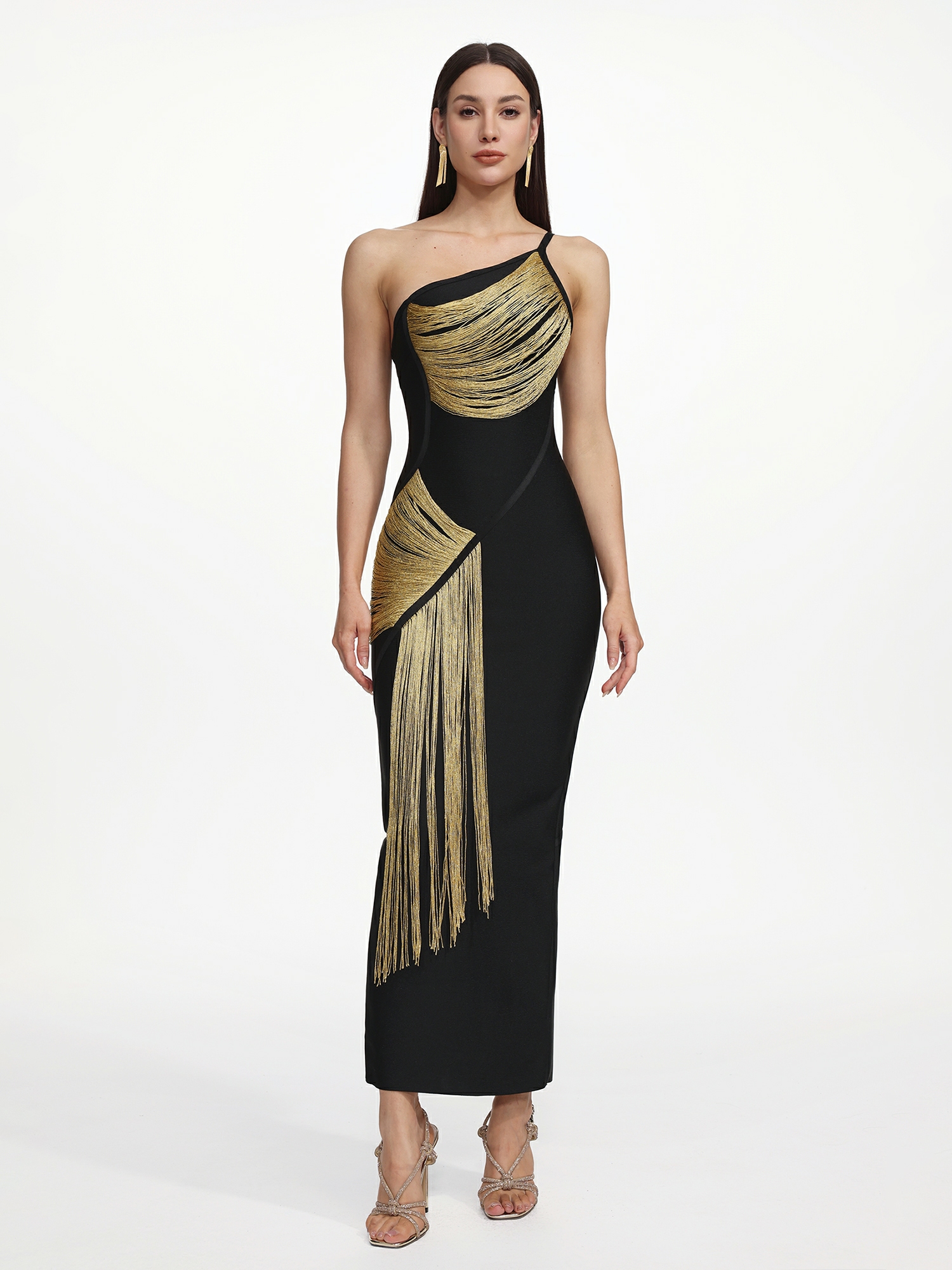 Golden Tassel One-Shoulder Maxi Dress