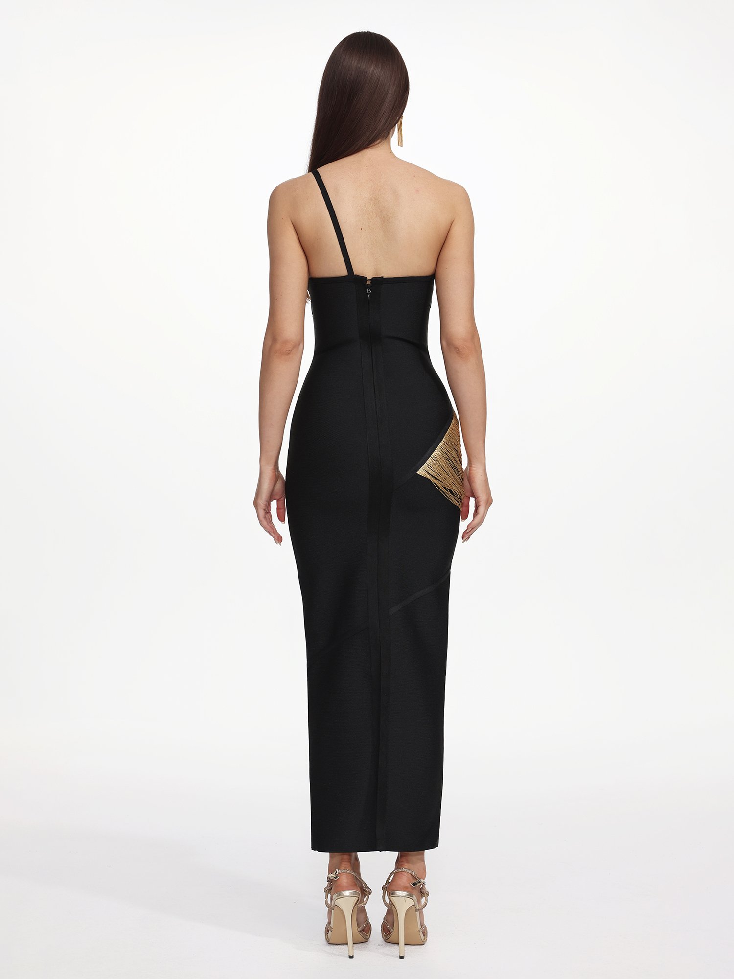 Golden Tassel One-Shoulder Maxi Dress