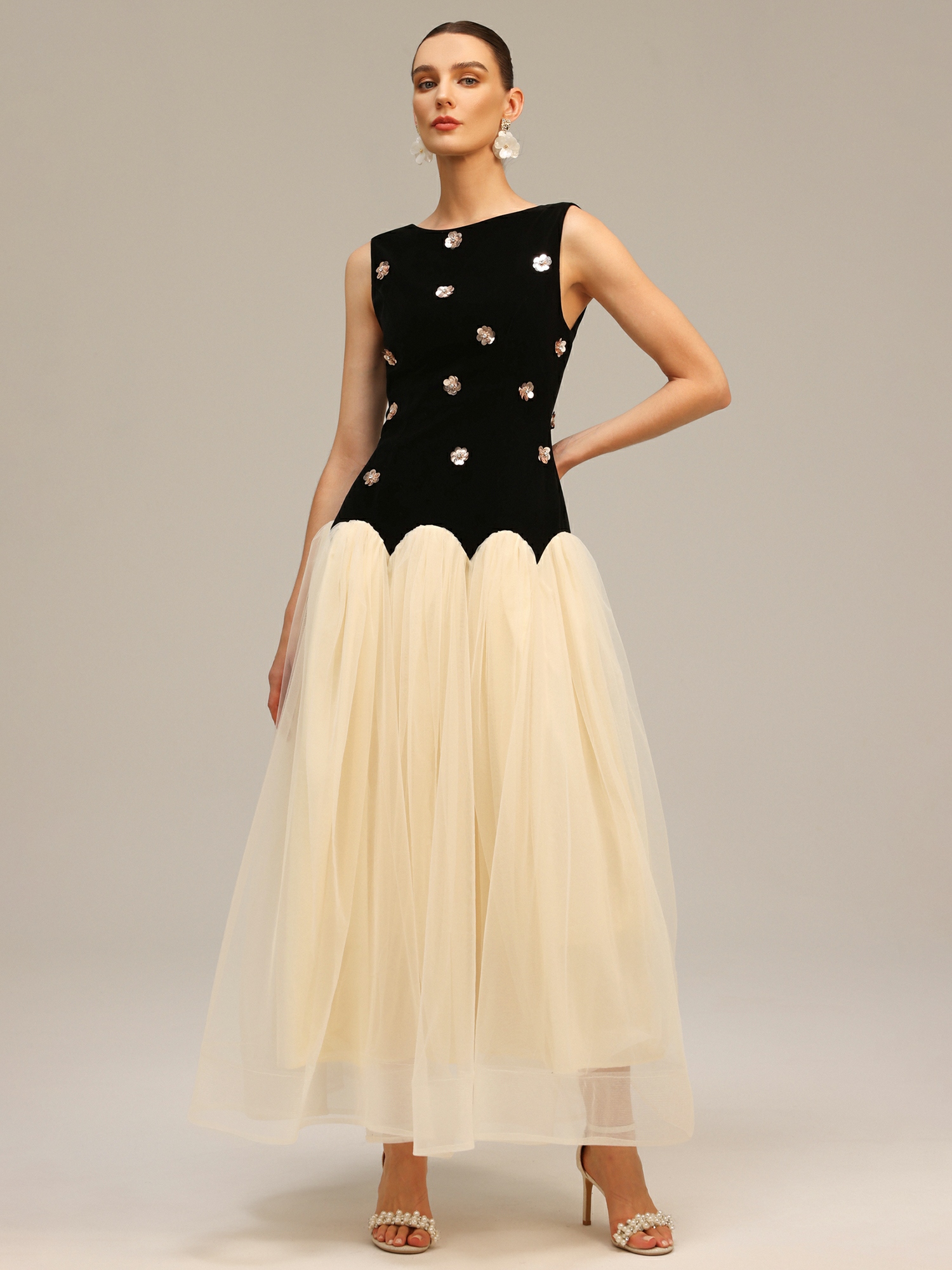 Black Velvet Look Tulle Midi Dress with Sequin Embellishments