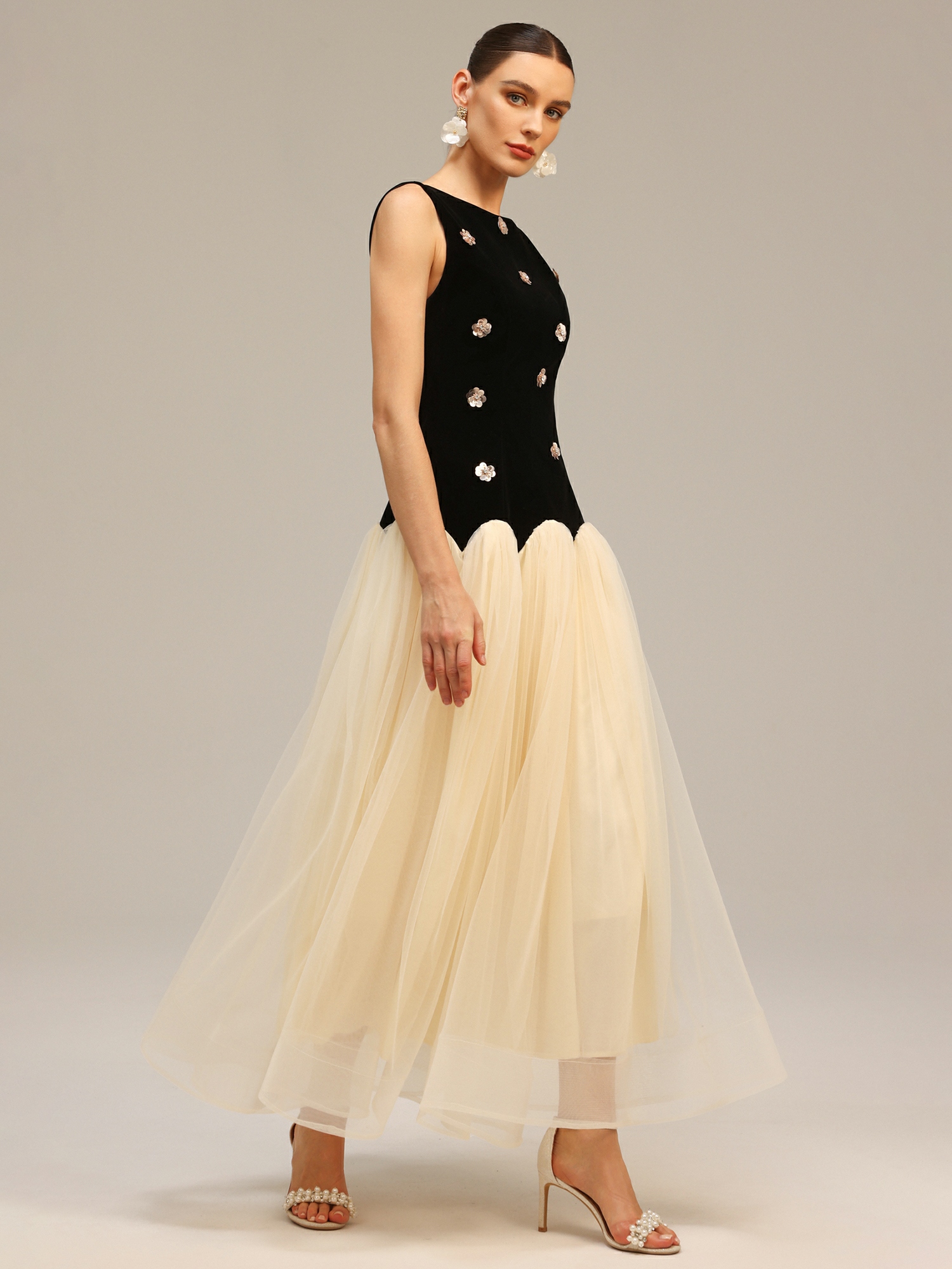 Black Velvet Look Tulle Midi Dress with Sequin Embellishments