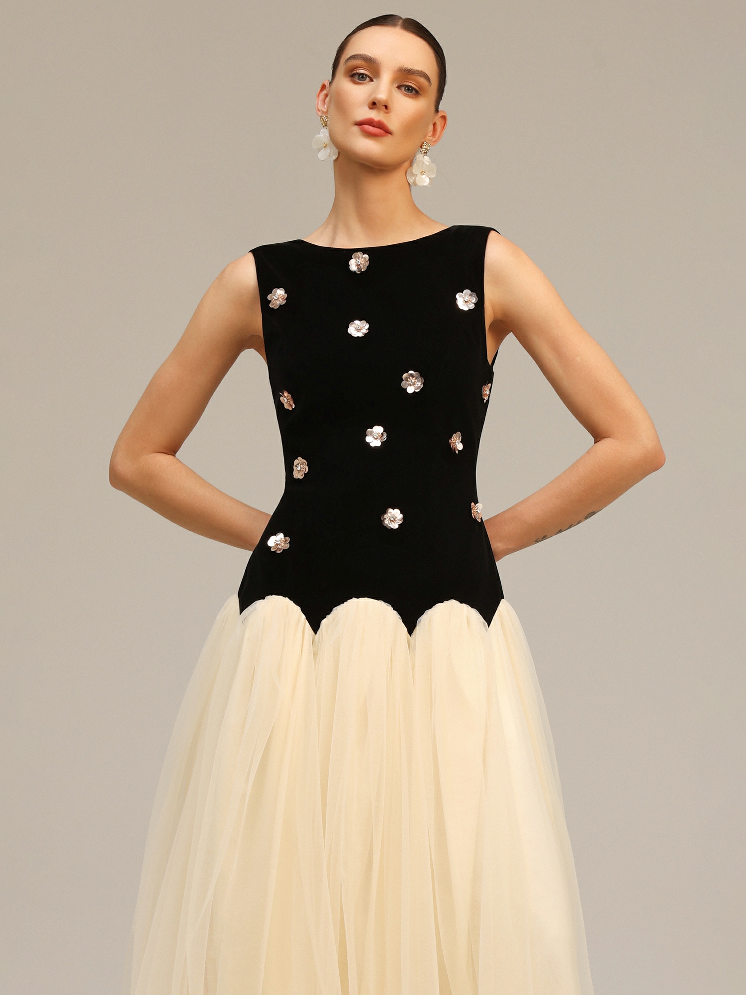 Black Velvet Look Tulle Midi Dress with Sequin Embellishments