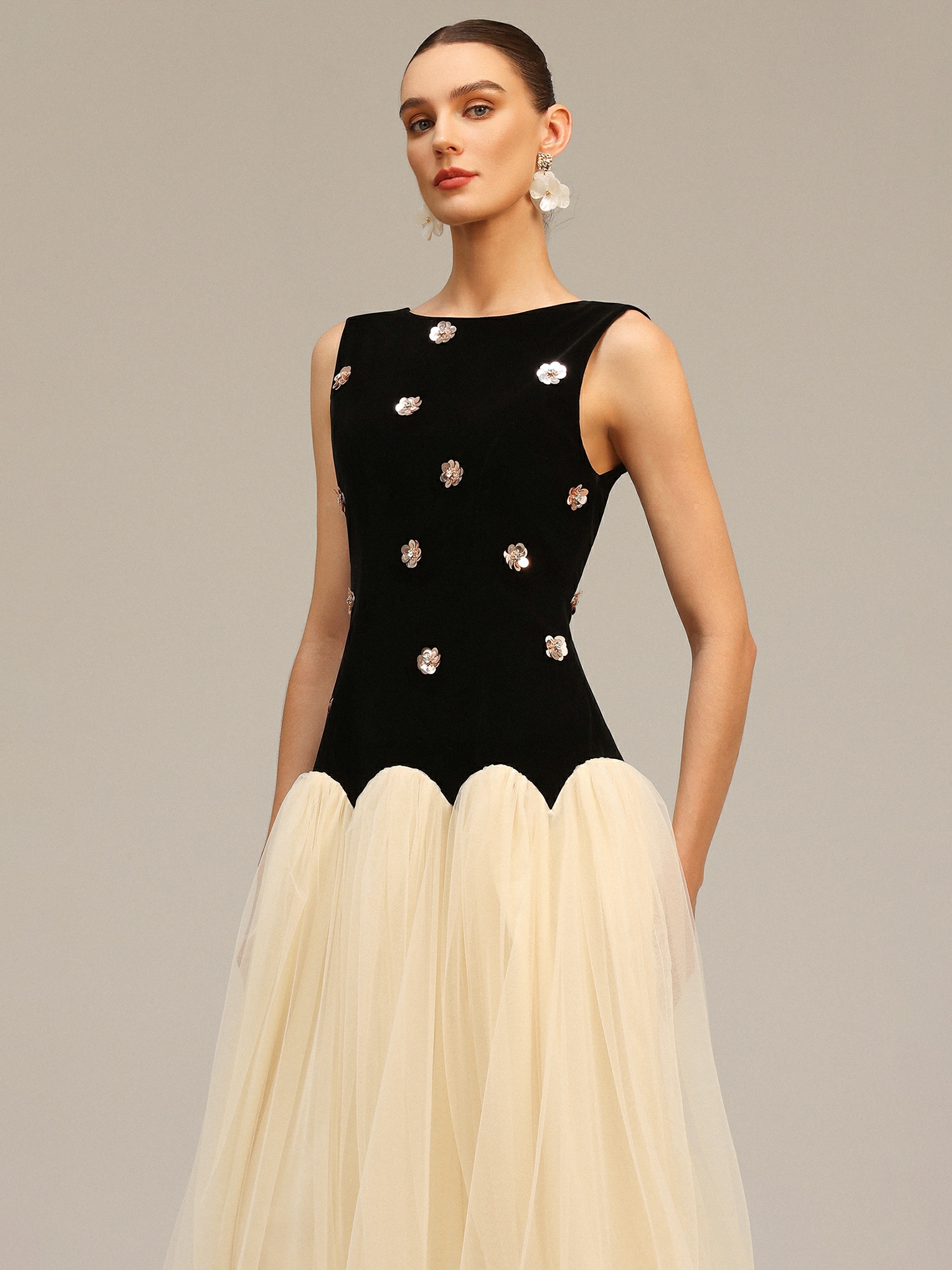 Black Velvet Look Tulle Midi Dress with Sequin Embellishments