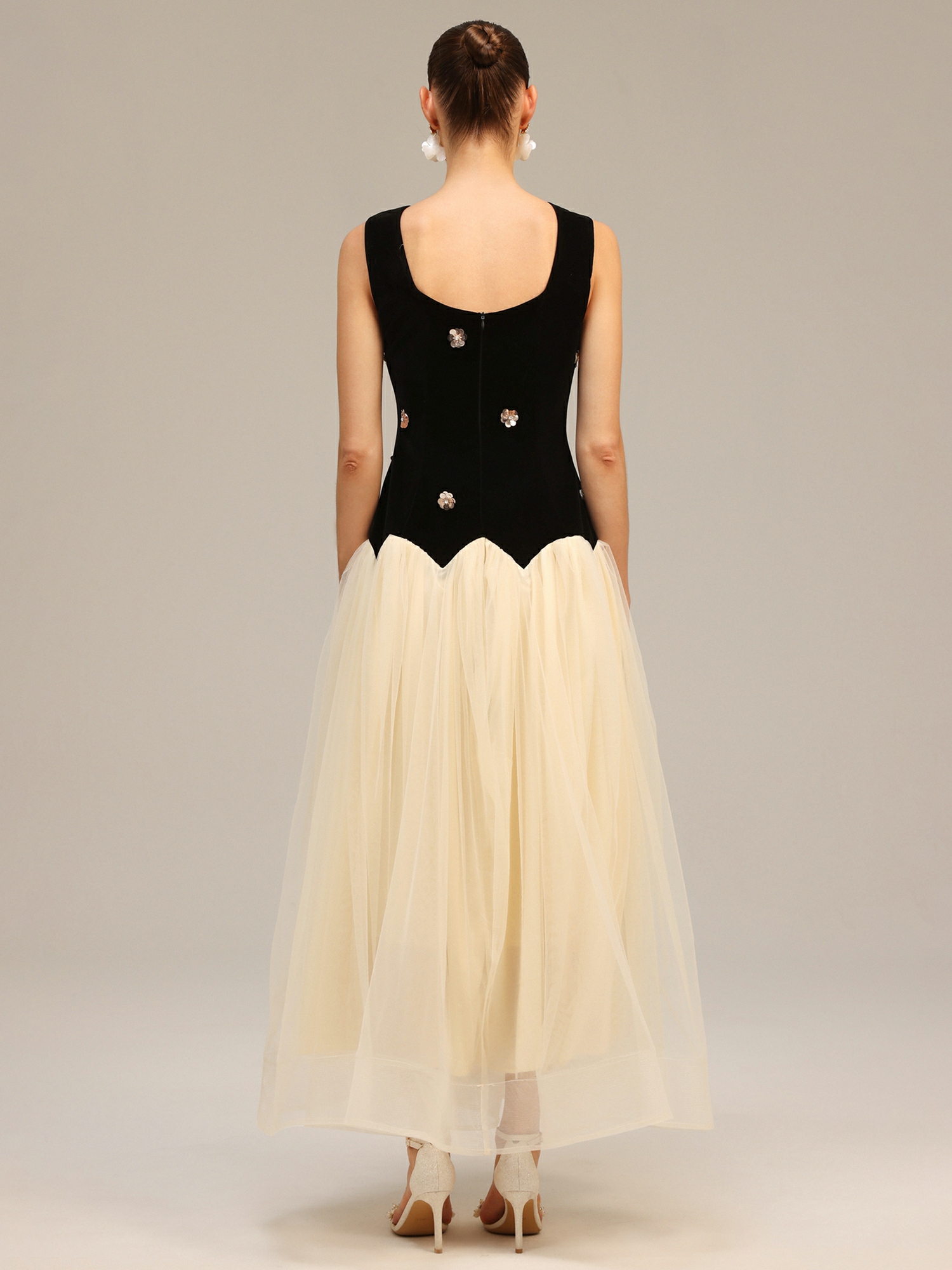 Black Velvet Look Tulle Midi Dress with Sequin Embellishments