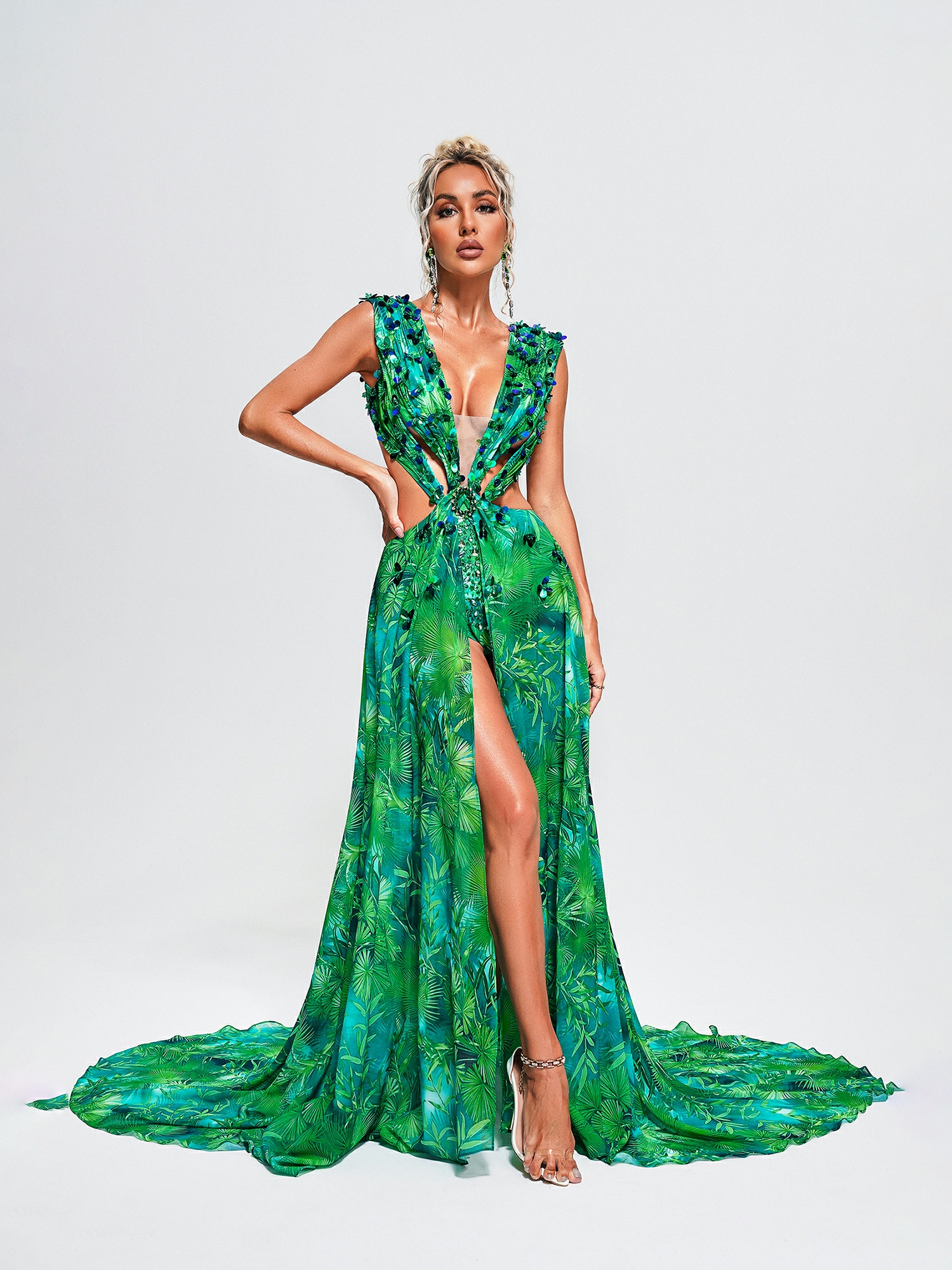 Green Tropical Print A-Line Maxi Dress