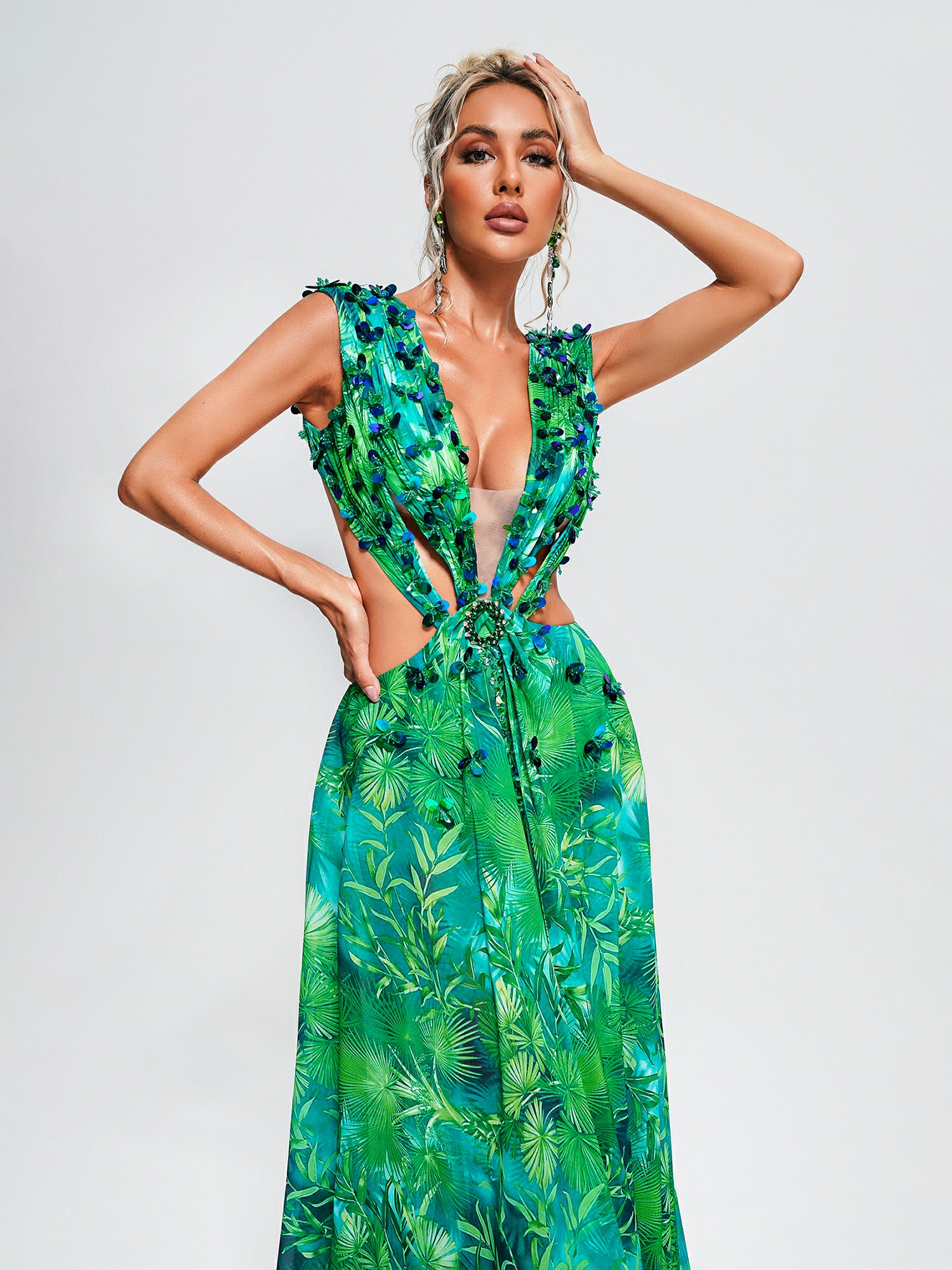 Green Tropical Print A-Line Maxi Dress