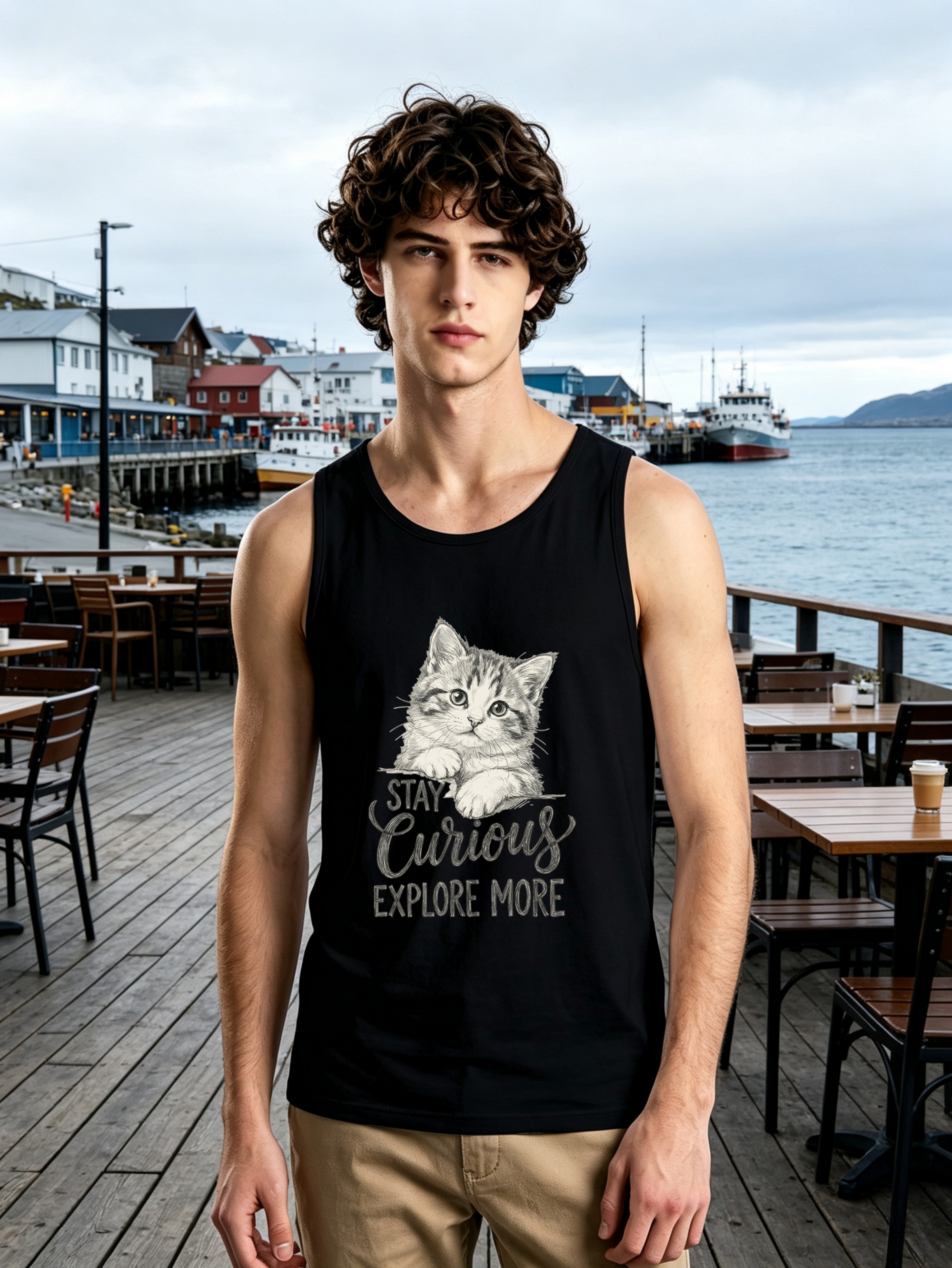Black Kitten Print Round Neck Tank Top