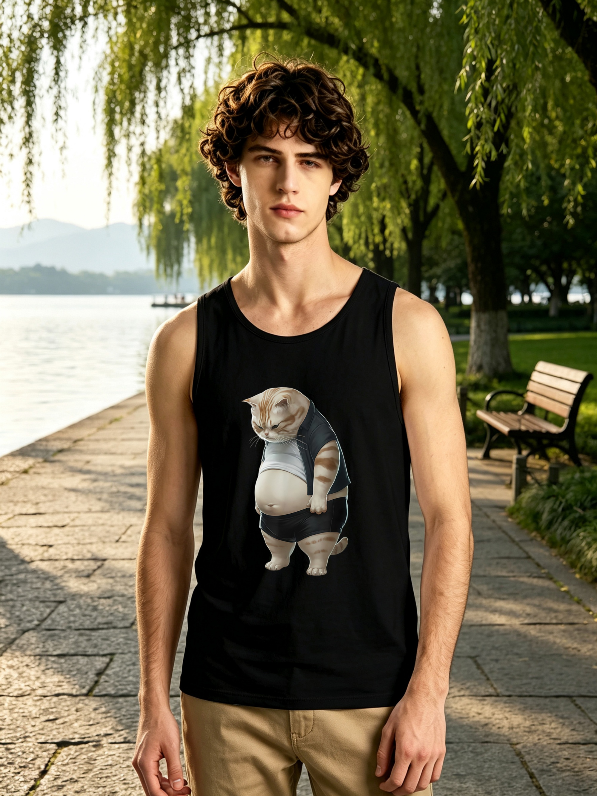 Black Cat Print Round Neck Tank Top
