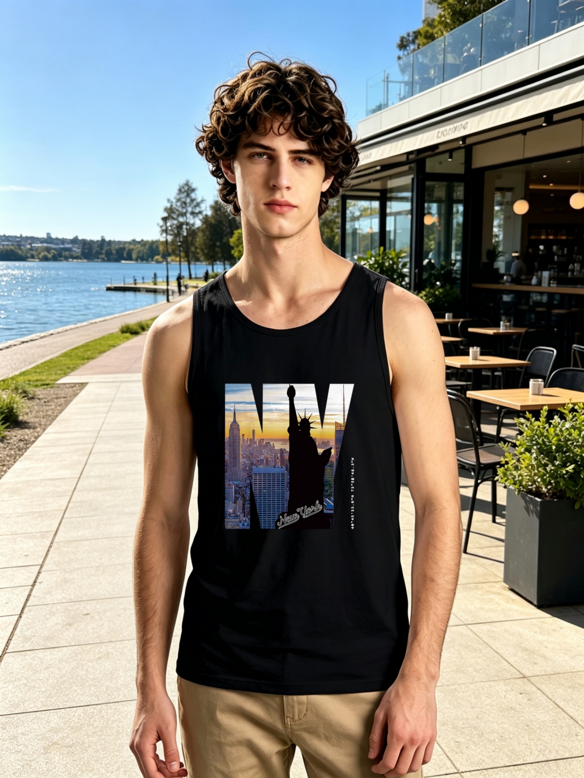 Black Graphic Print Round Neck Tank Top