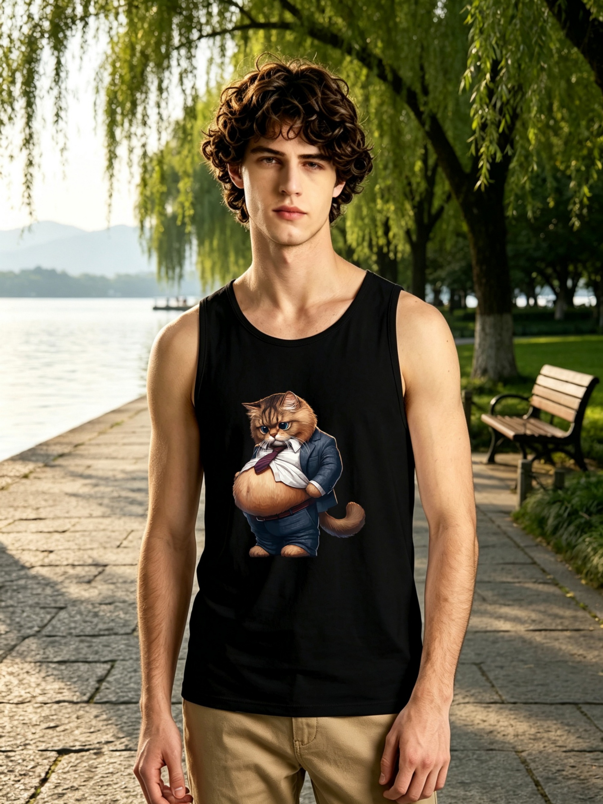 Black Cat Print Regular Fit Tank Top