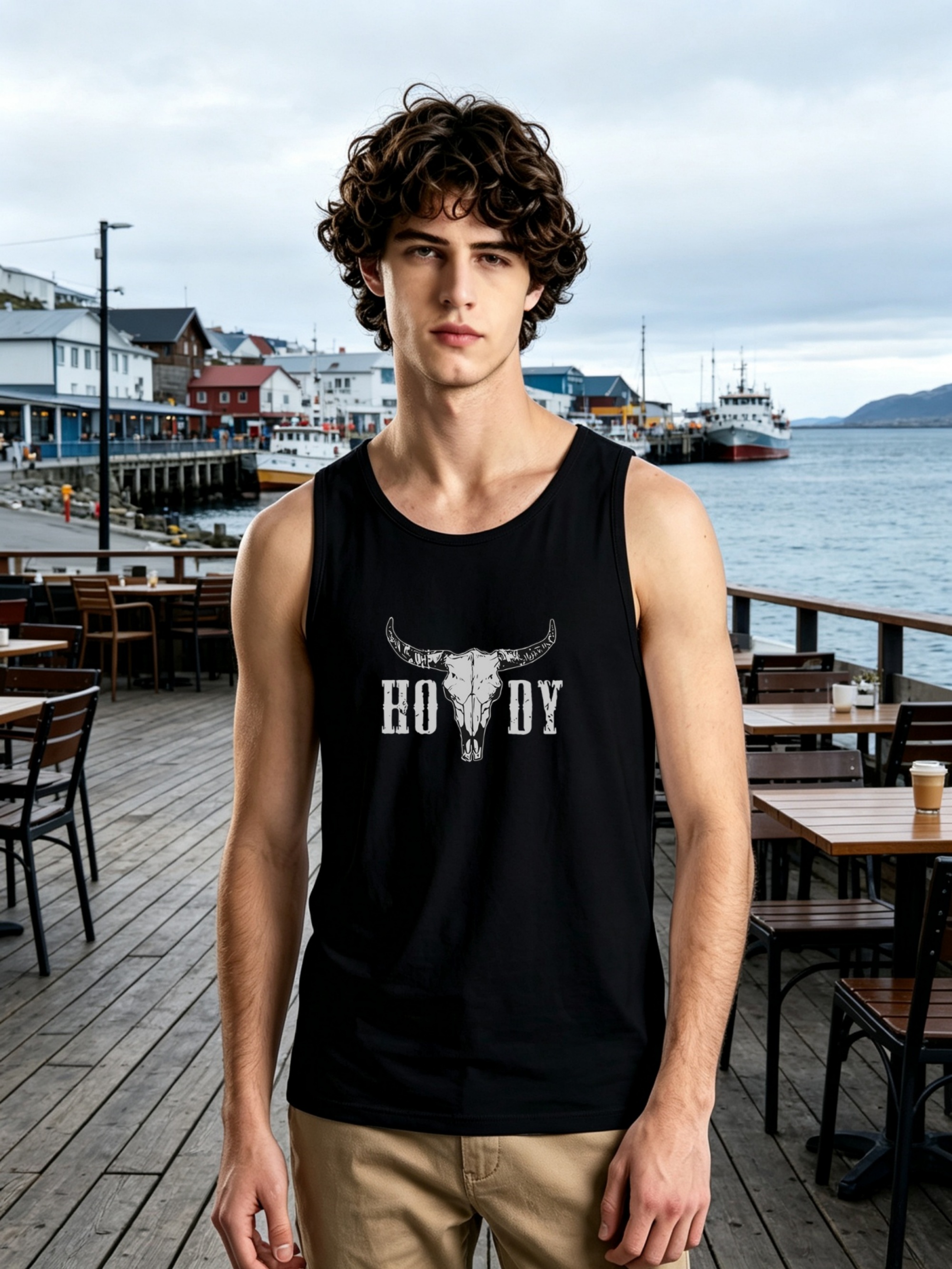 Black Howdy Bull Skull Graphic Tank Top