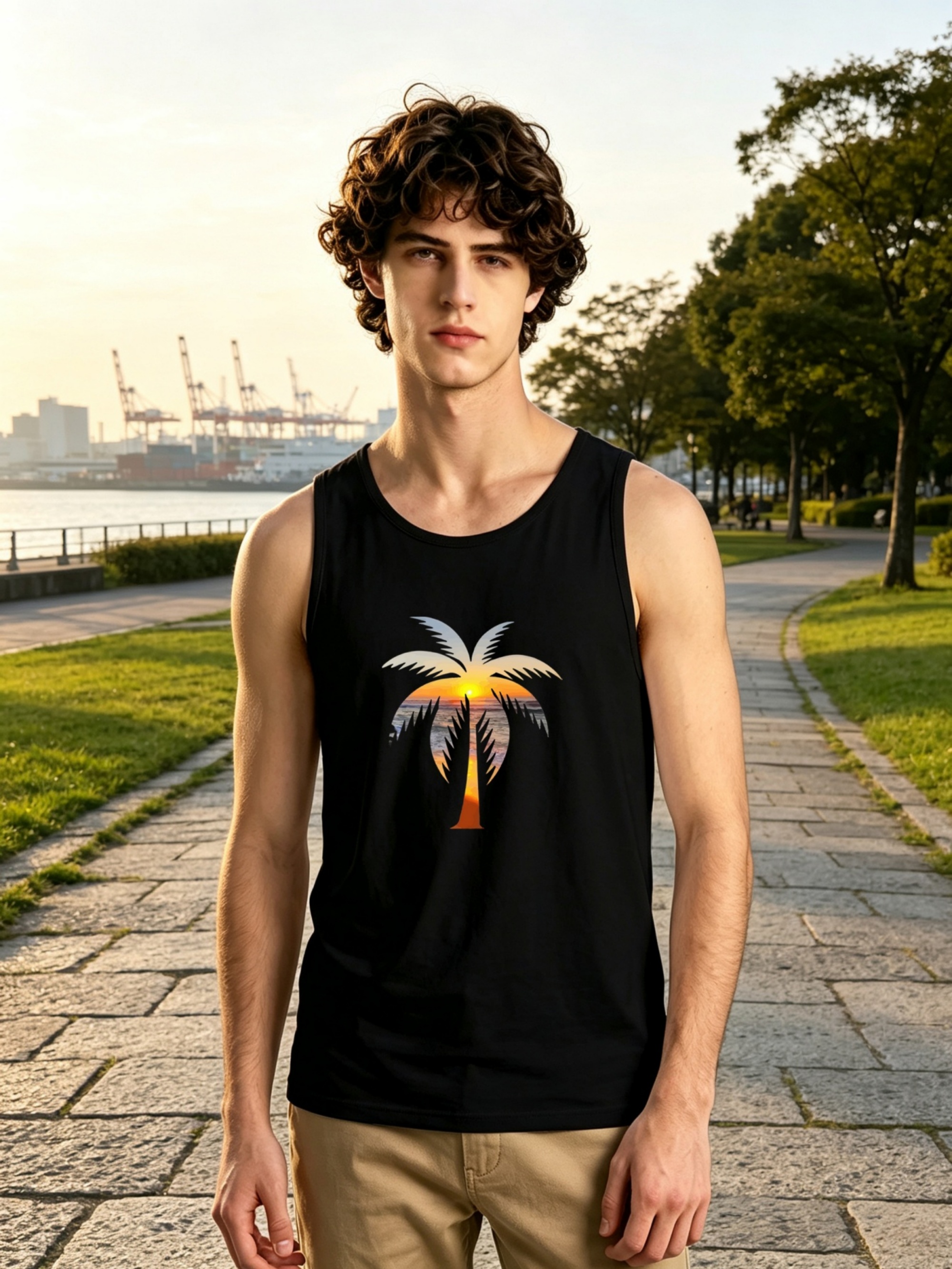 Black Palm Sunset Print Regular Fit Tank Top