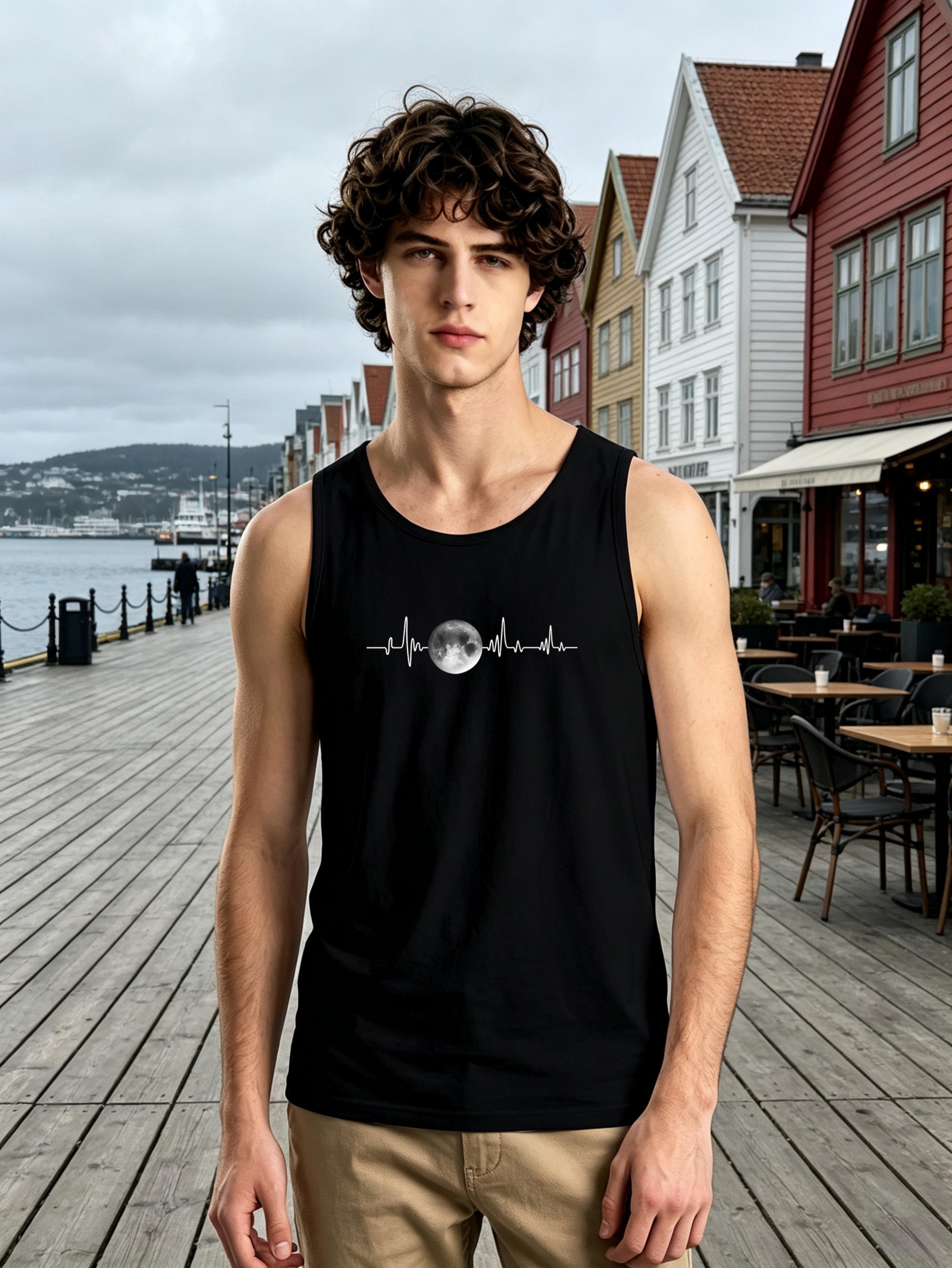 Black Regular Fit Tank Top with Moon Heartbeat Graphic