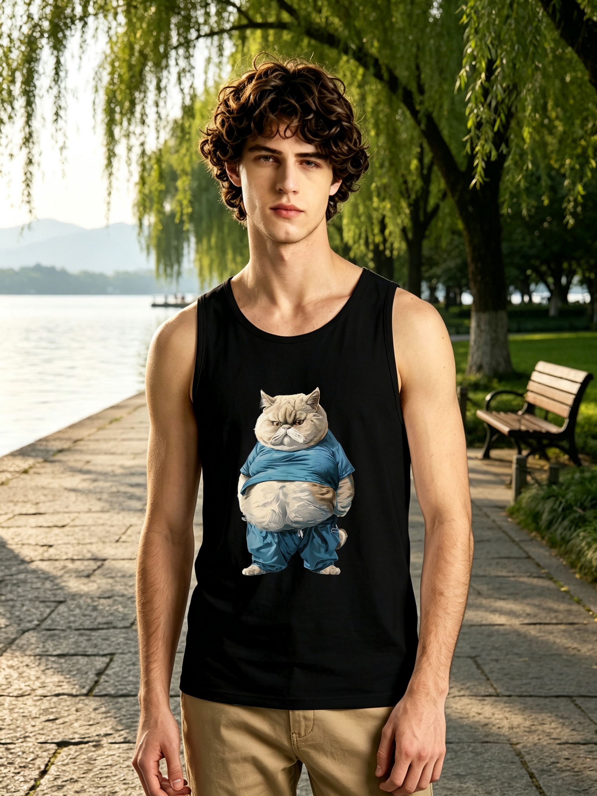 Black Cat Print Round Neck Tank Top