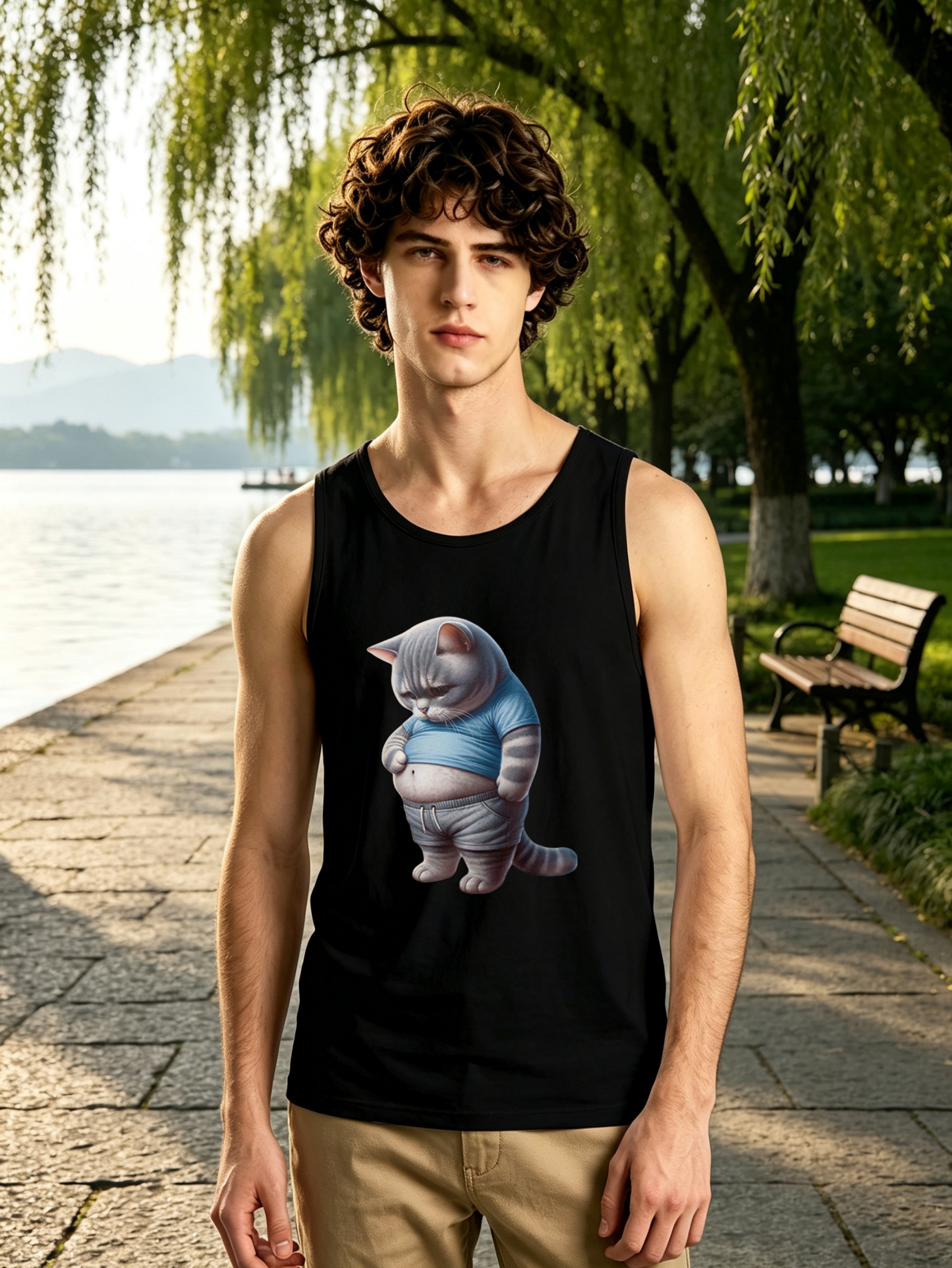 Black Cat Print Regular Fit Tank Top