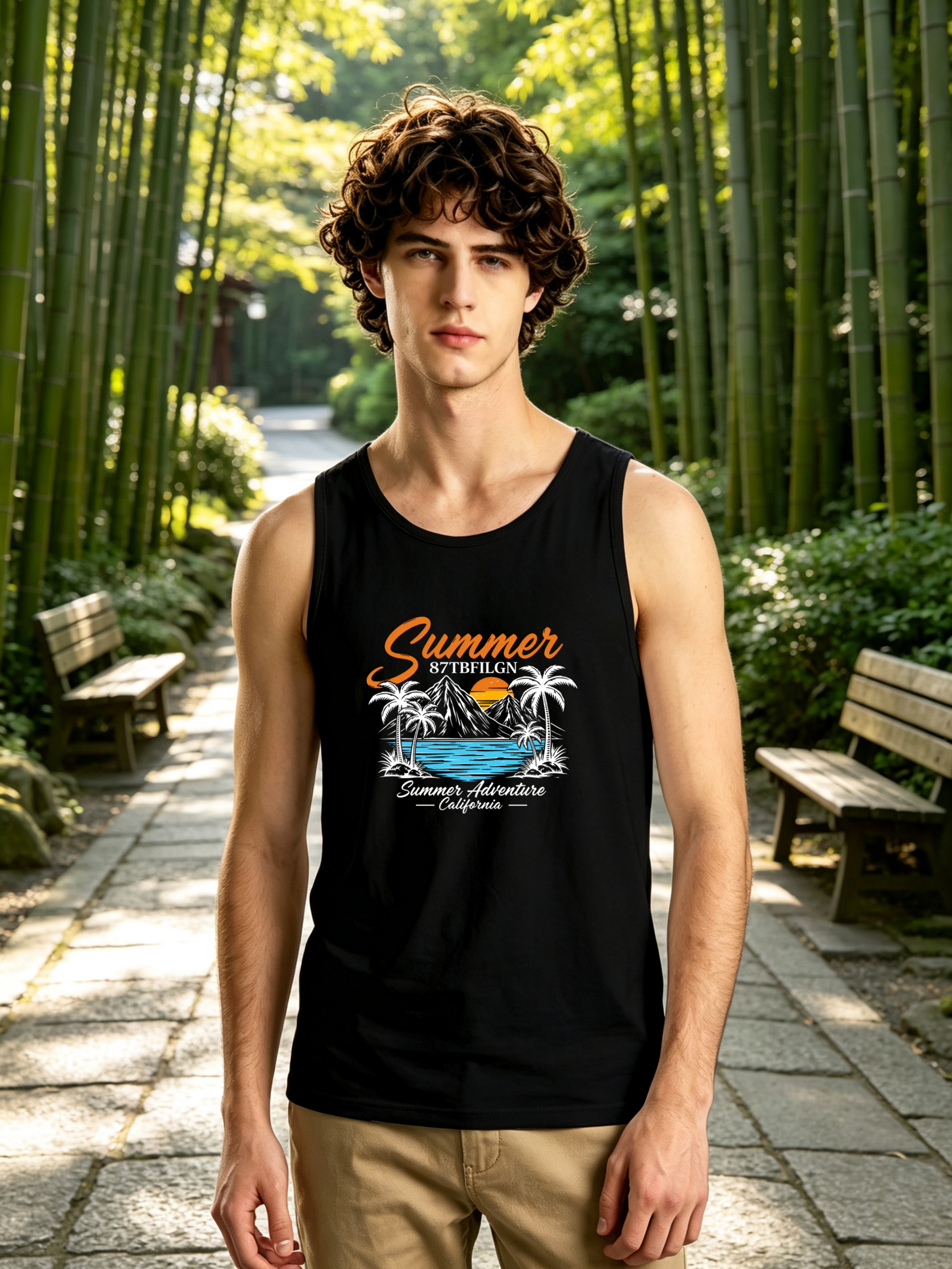 Black Graphic Print Round Neck Tank Top